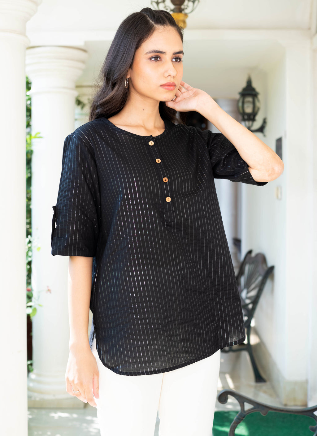 Black Pinstripe Roll-Up Sleeve Shirt