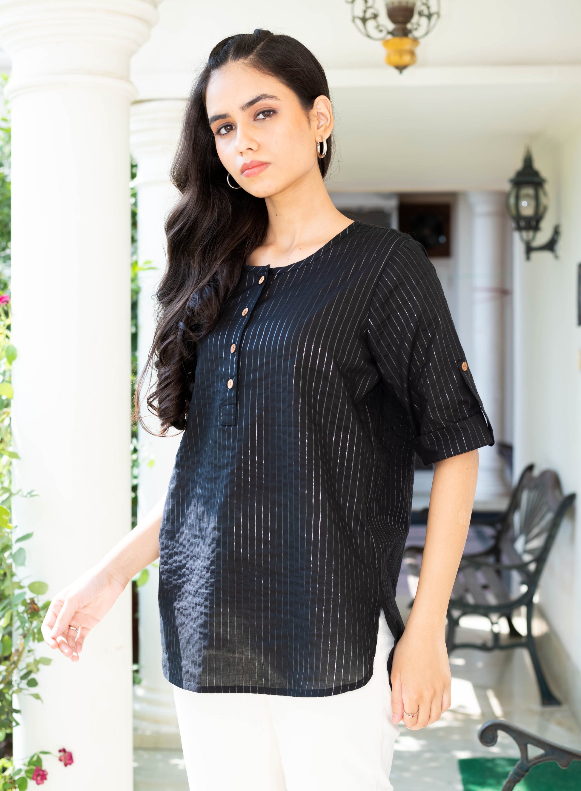 Black Pinstripe Roll-Up Sleeve Shirt