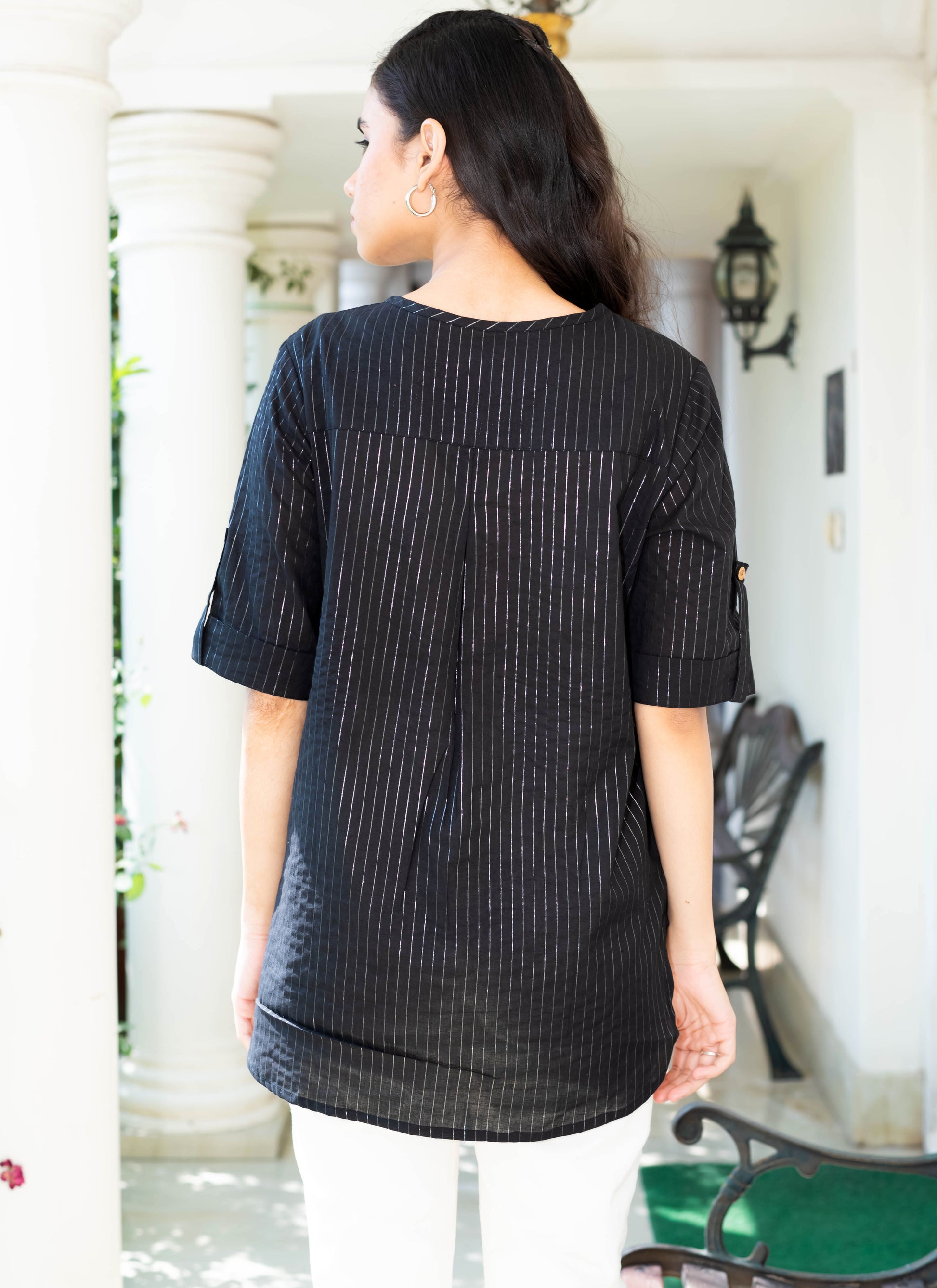 Black Pinstripe Roll-Up Sleeve Shirt