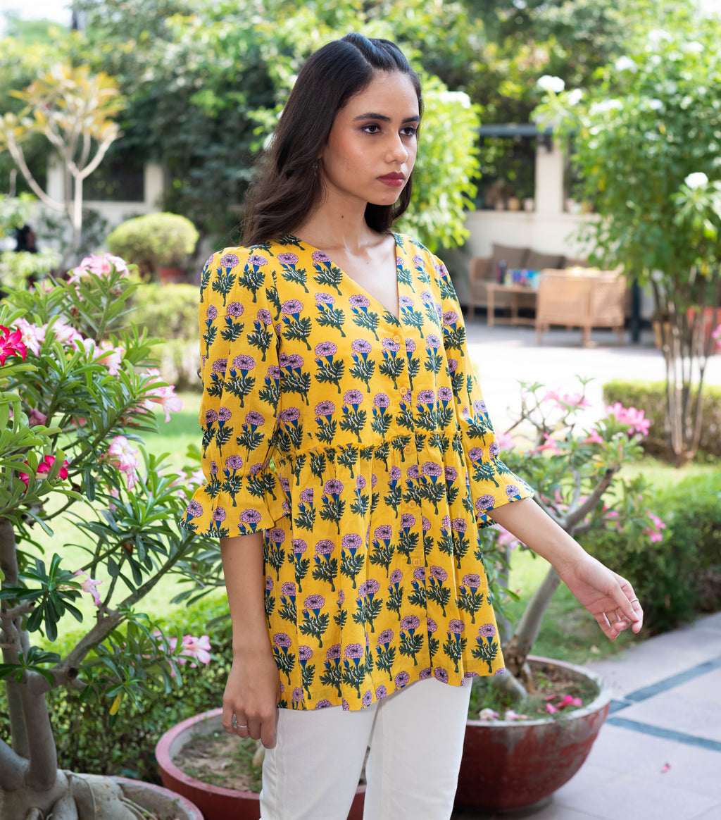 Yellow Floral Peplum Top with V-Neckline