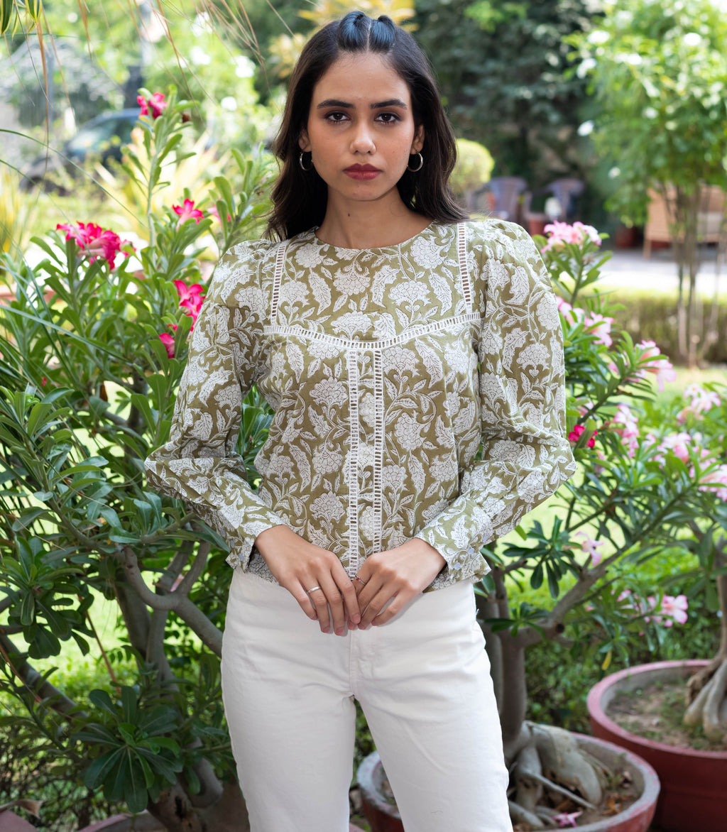 Olive Green Block Print Top with Lace Detailing