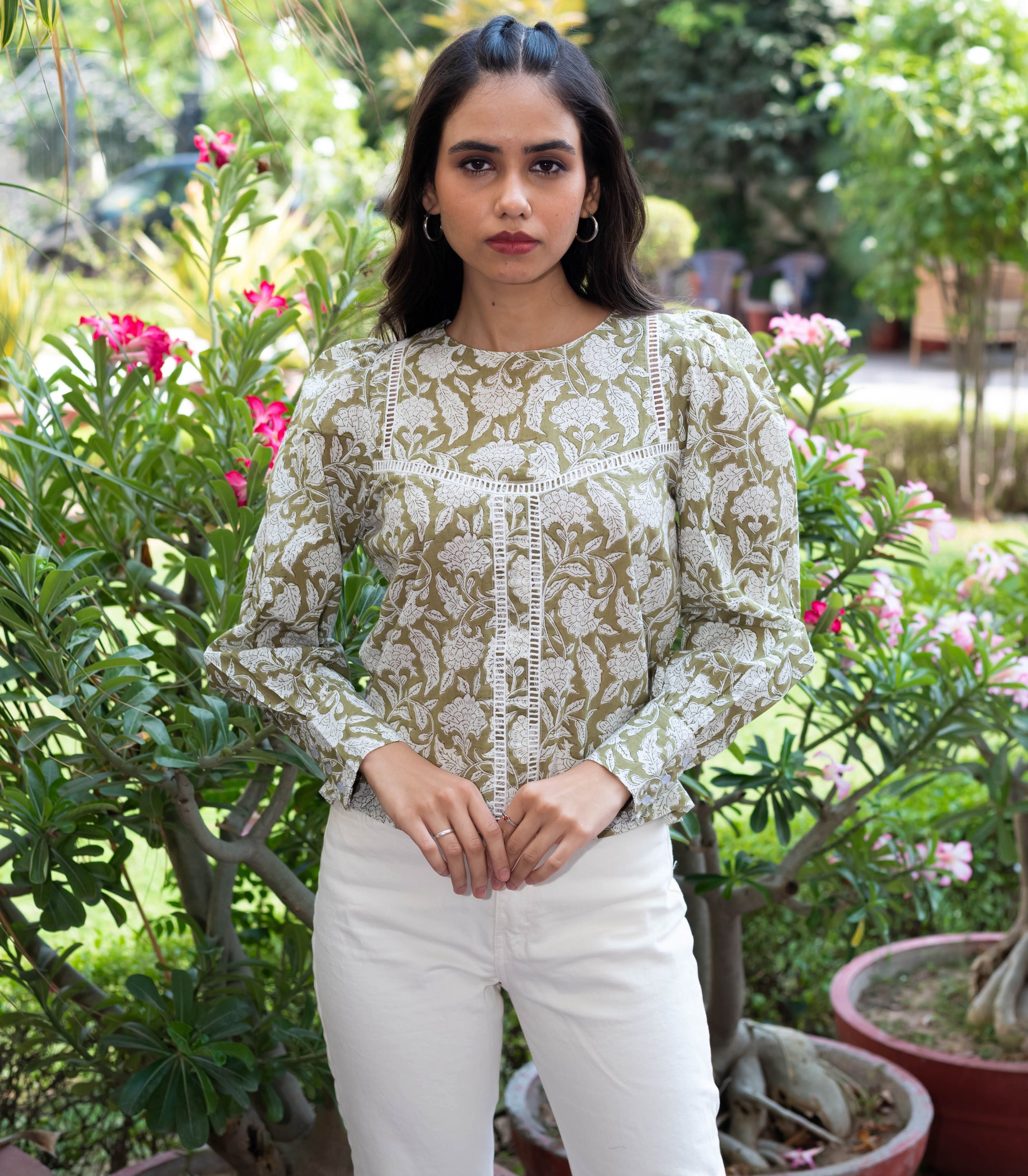 Olive Green Block Print Top with Lace Detailing