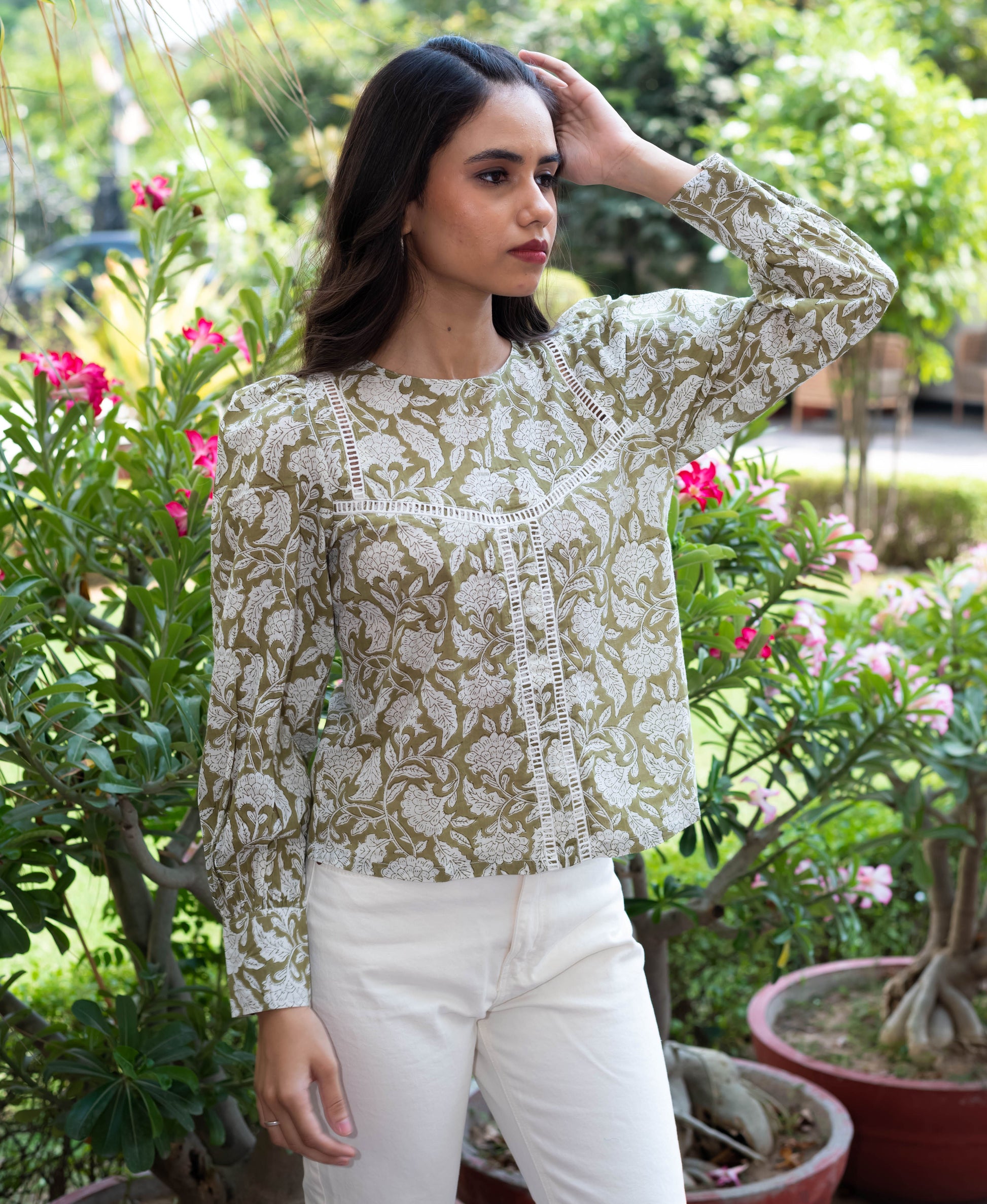 Olive Green Block Print Top with Lace Detailing