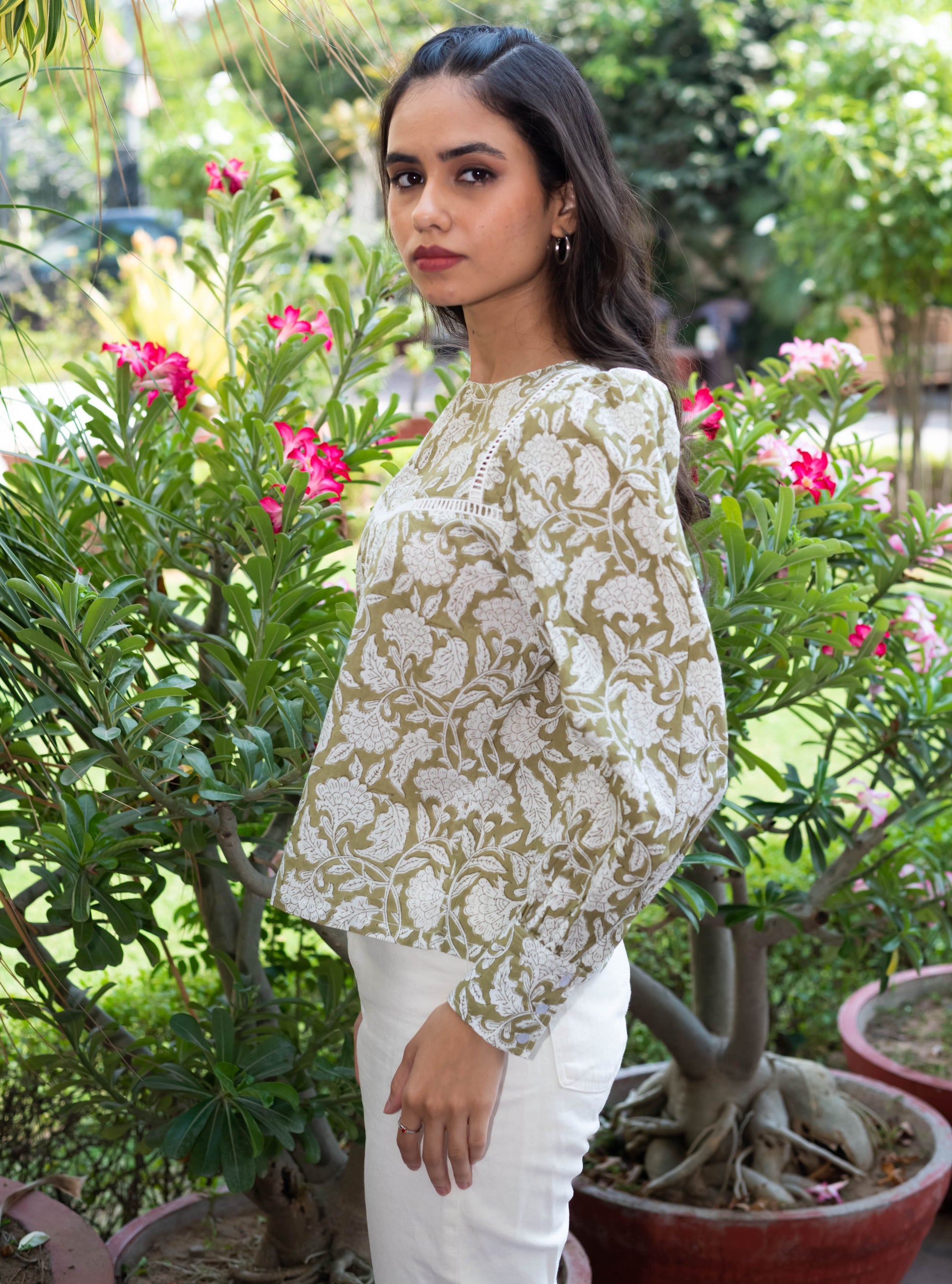 Olive Green Block Print Top with Lace Detailing