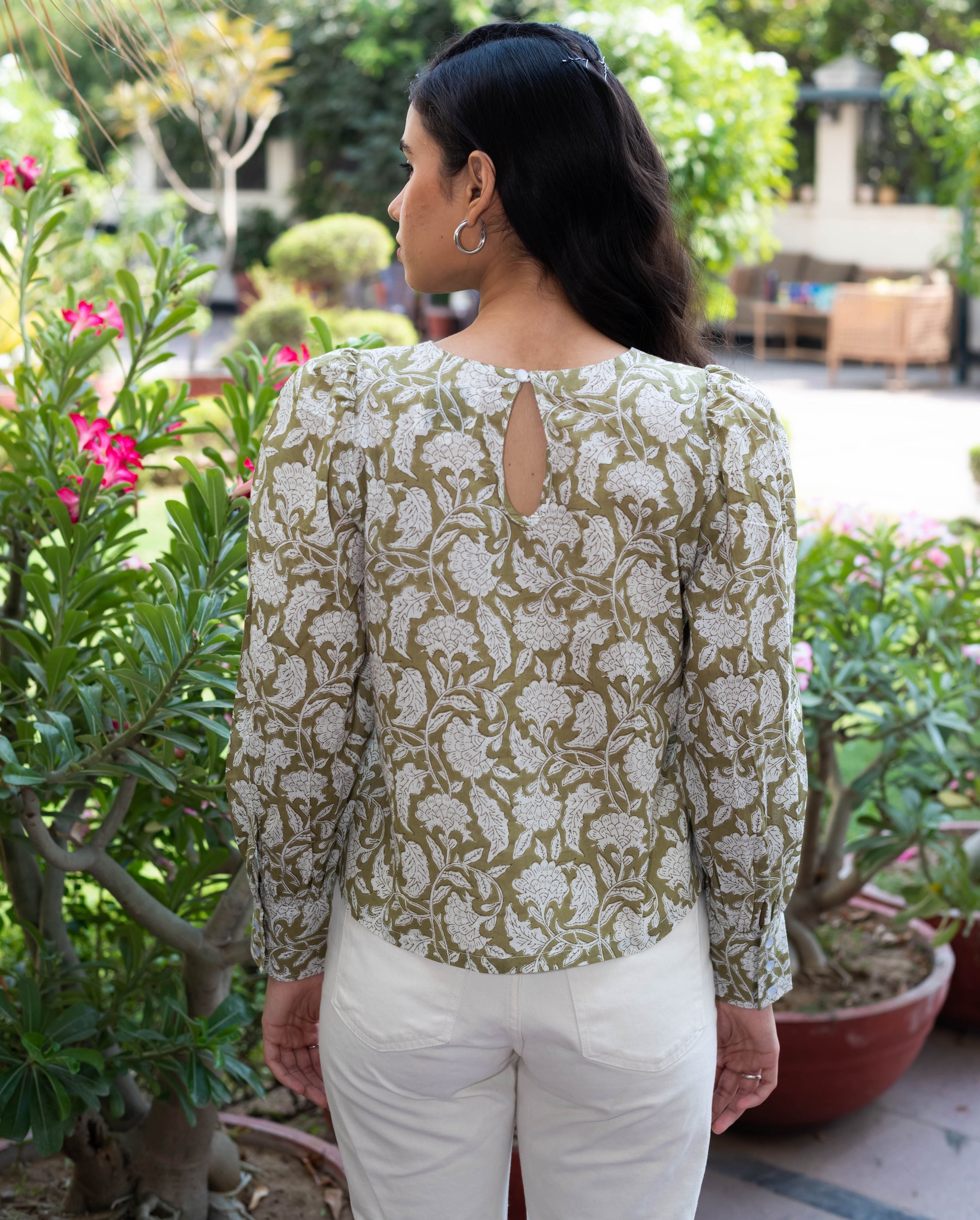 Olive Green Block Print Top with Lace Detailing