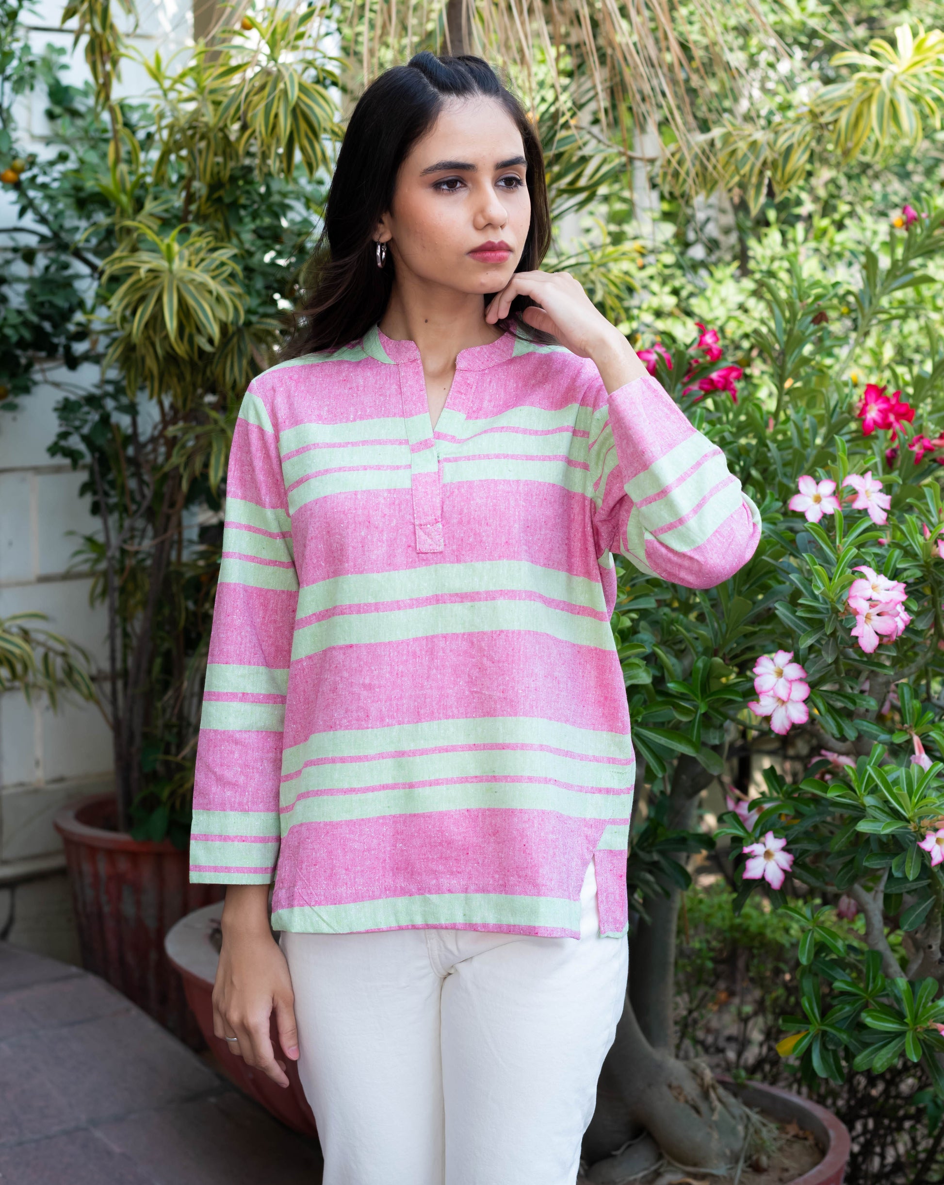 Pink & Mint Green Striped Cotton Tunic