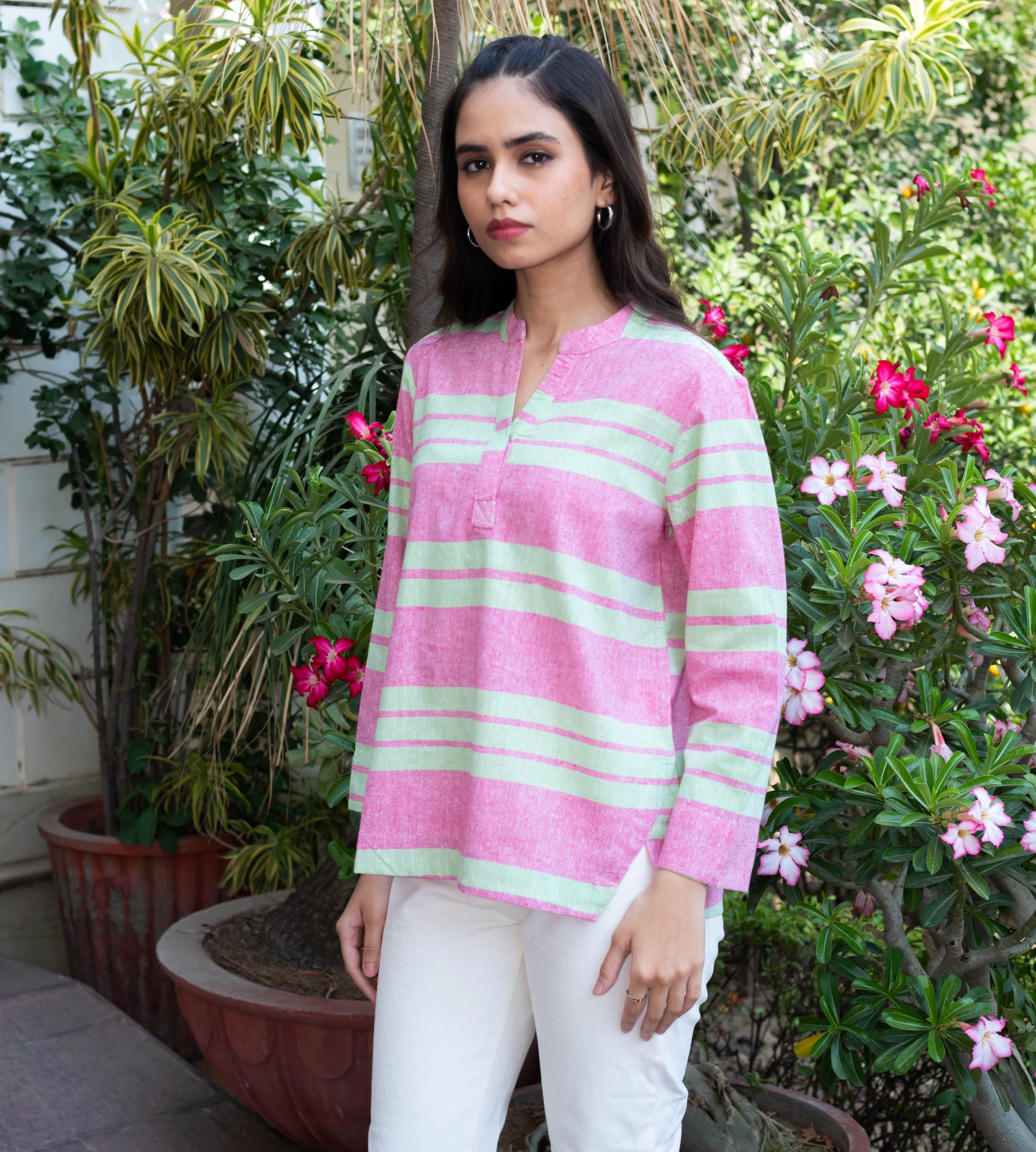 Pink & Mint Green Striped Cotton Tunic