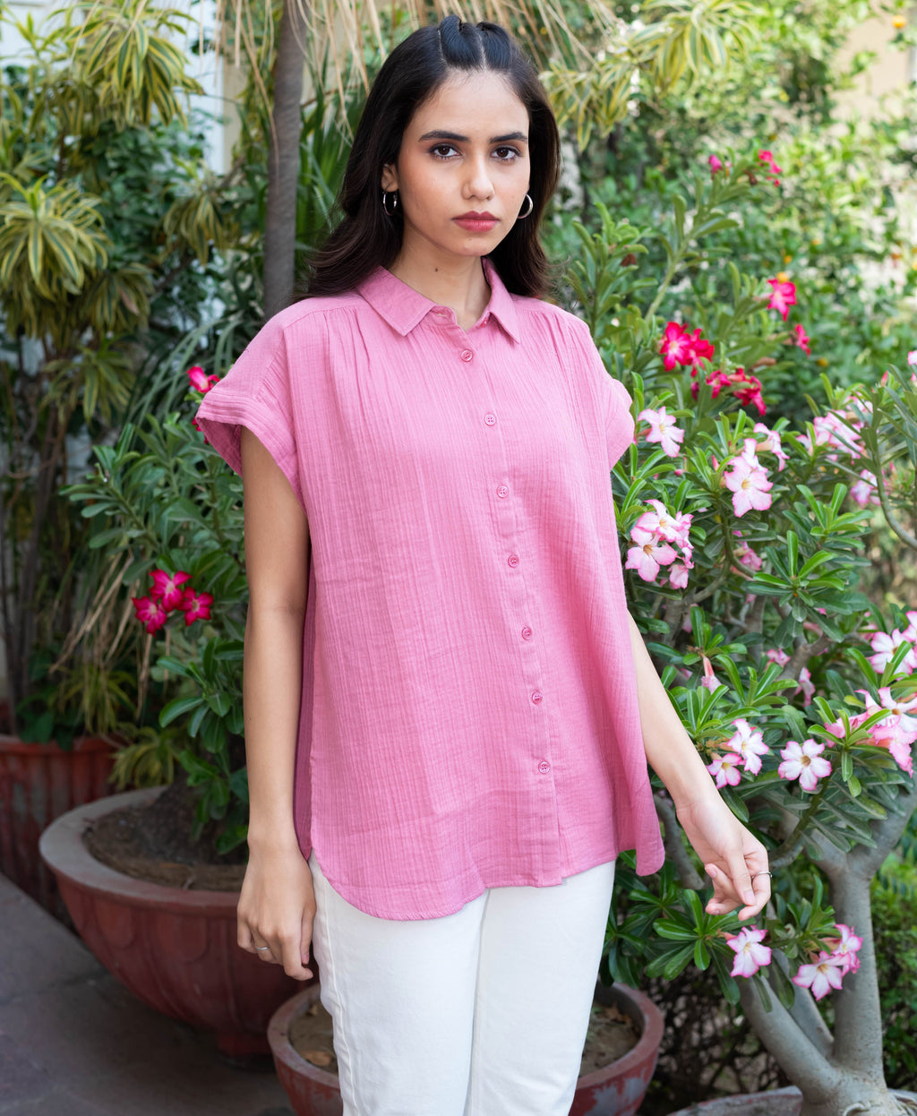 Rose Blush Button-Down Cotton Top