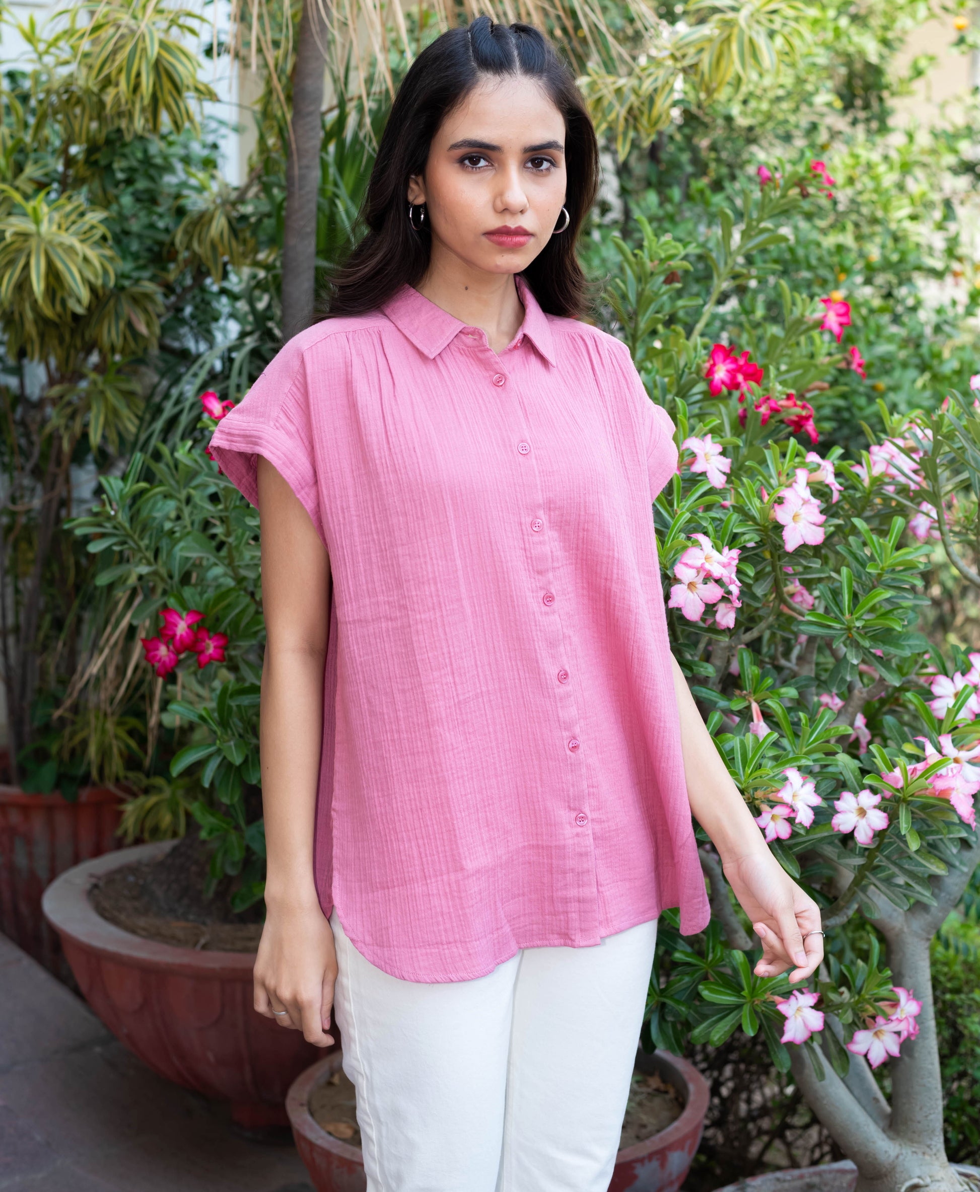 Rose Blush Button-Down Cotton Top