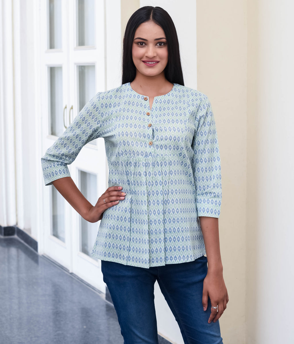 Indigo Echo Pleated Cotton Top
