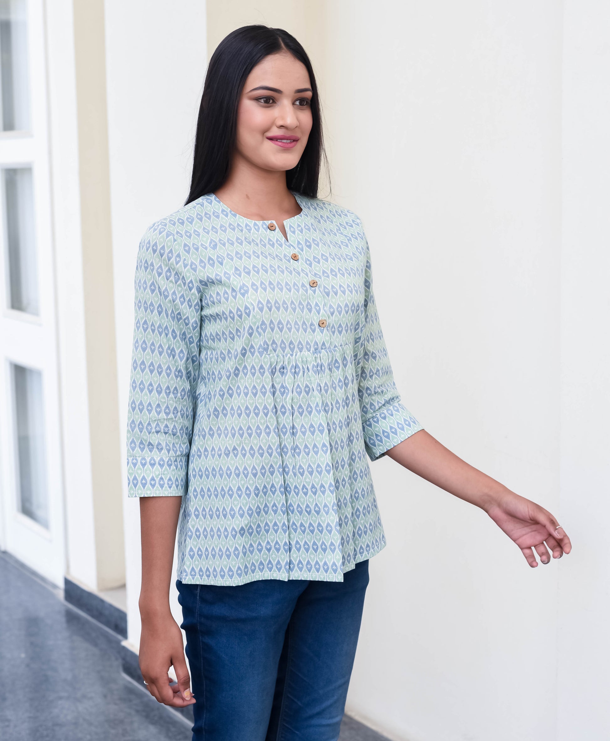 Indigo Echo Pleated Cotton Top