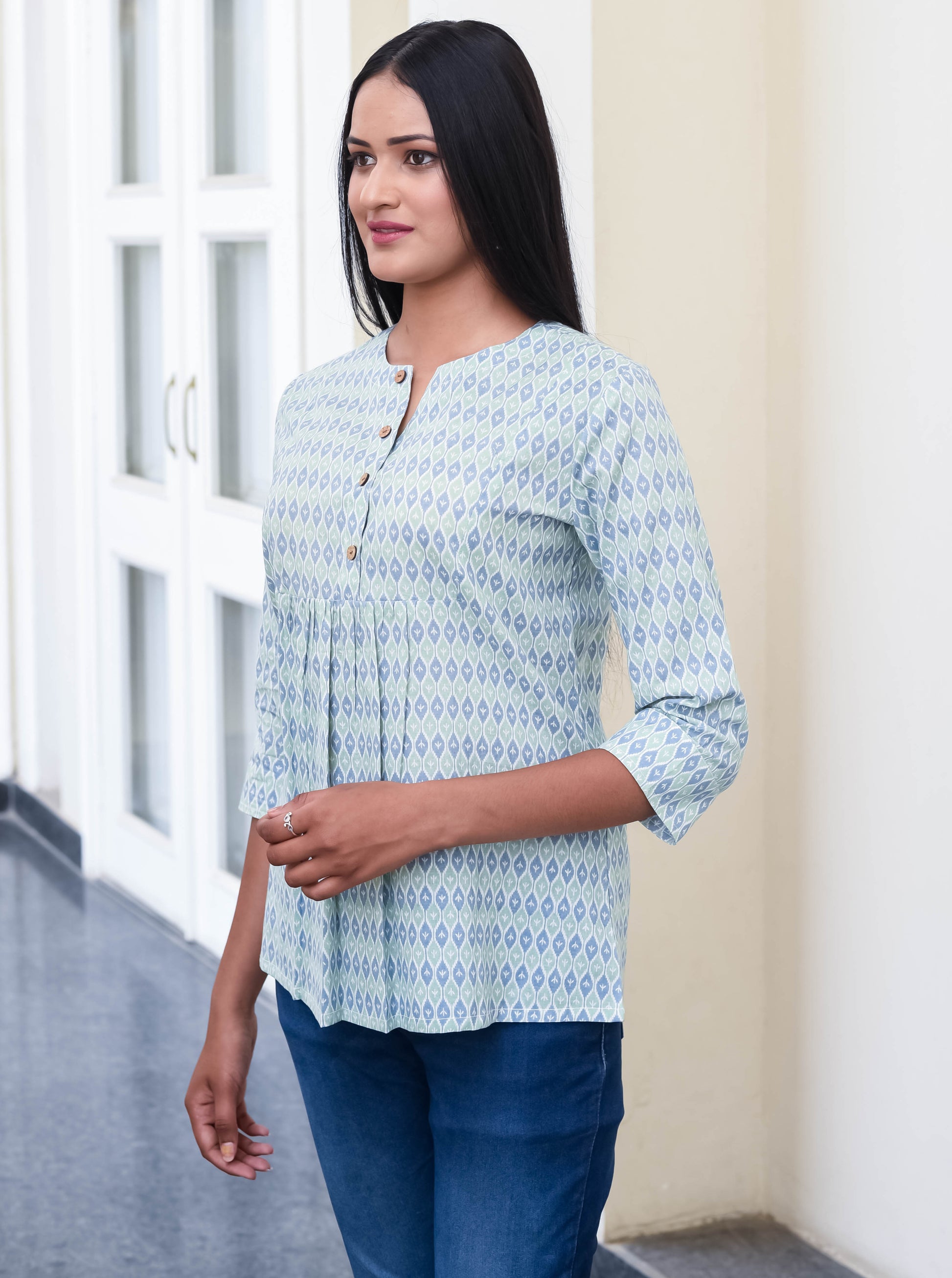Indigo Echo Pleated Cotton Top