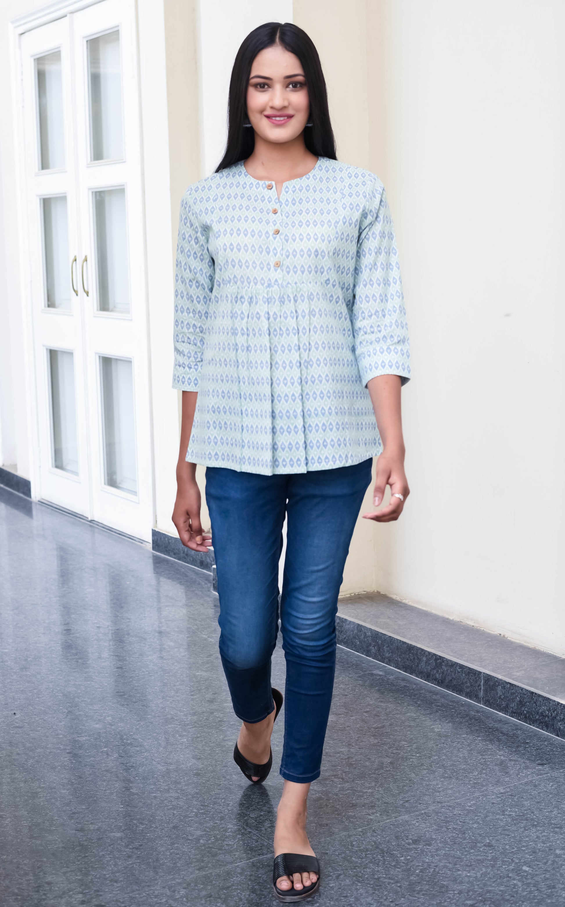 Indigo Echo Pleated Cotton Top