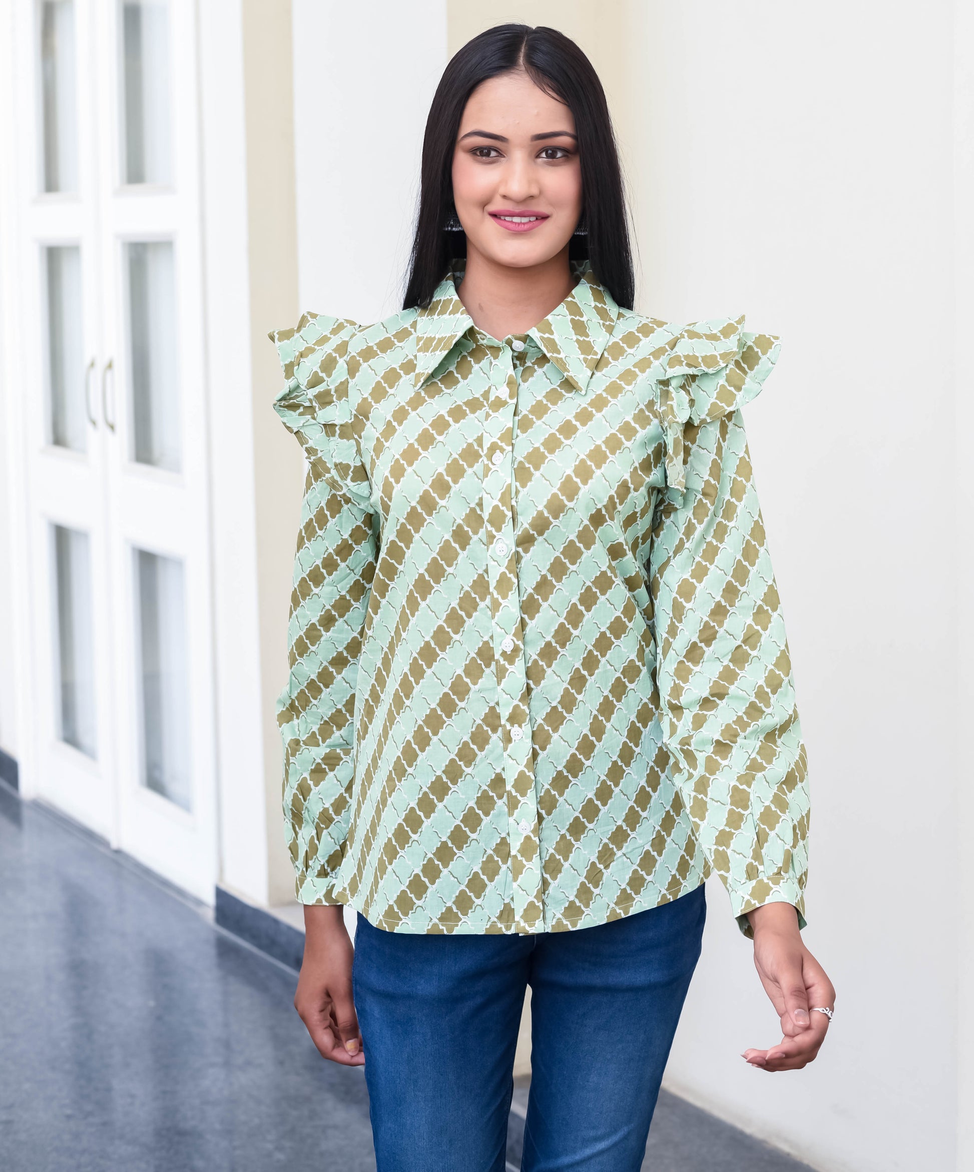 Mint Mosaic Ruffle Sleeve Shirt