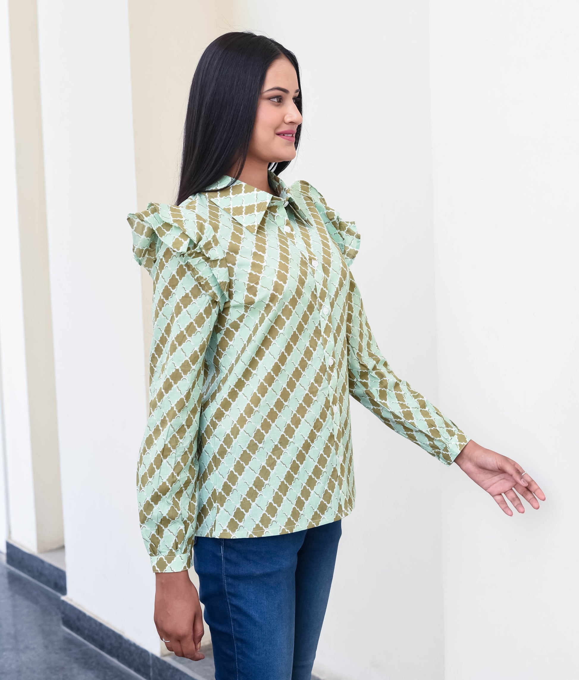 Mint Mosaic Ruffle Sleeve Shirt