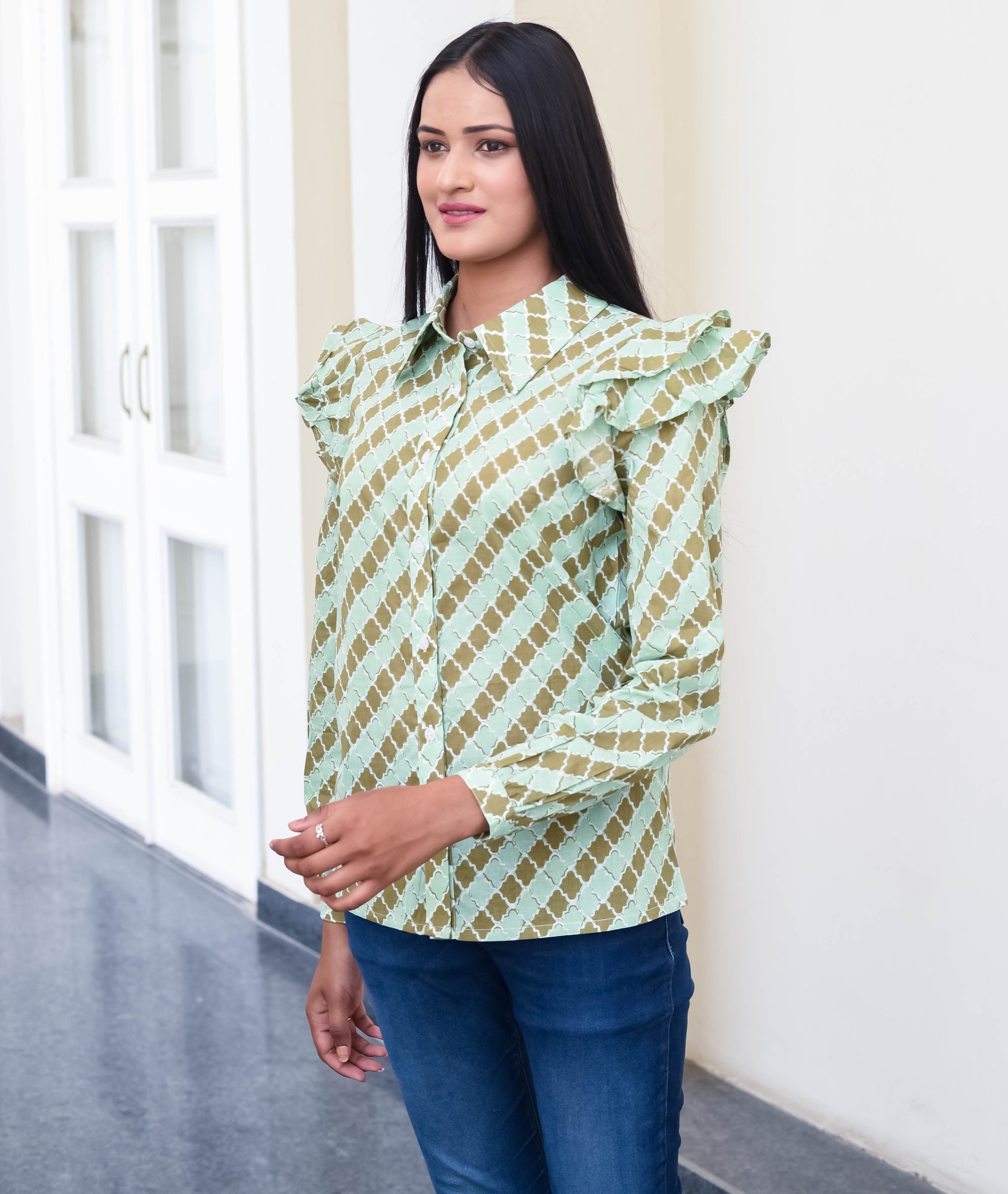 Mint Mosaic Ruffle Sleeve Shirt