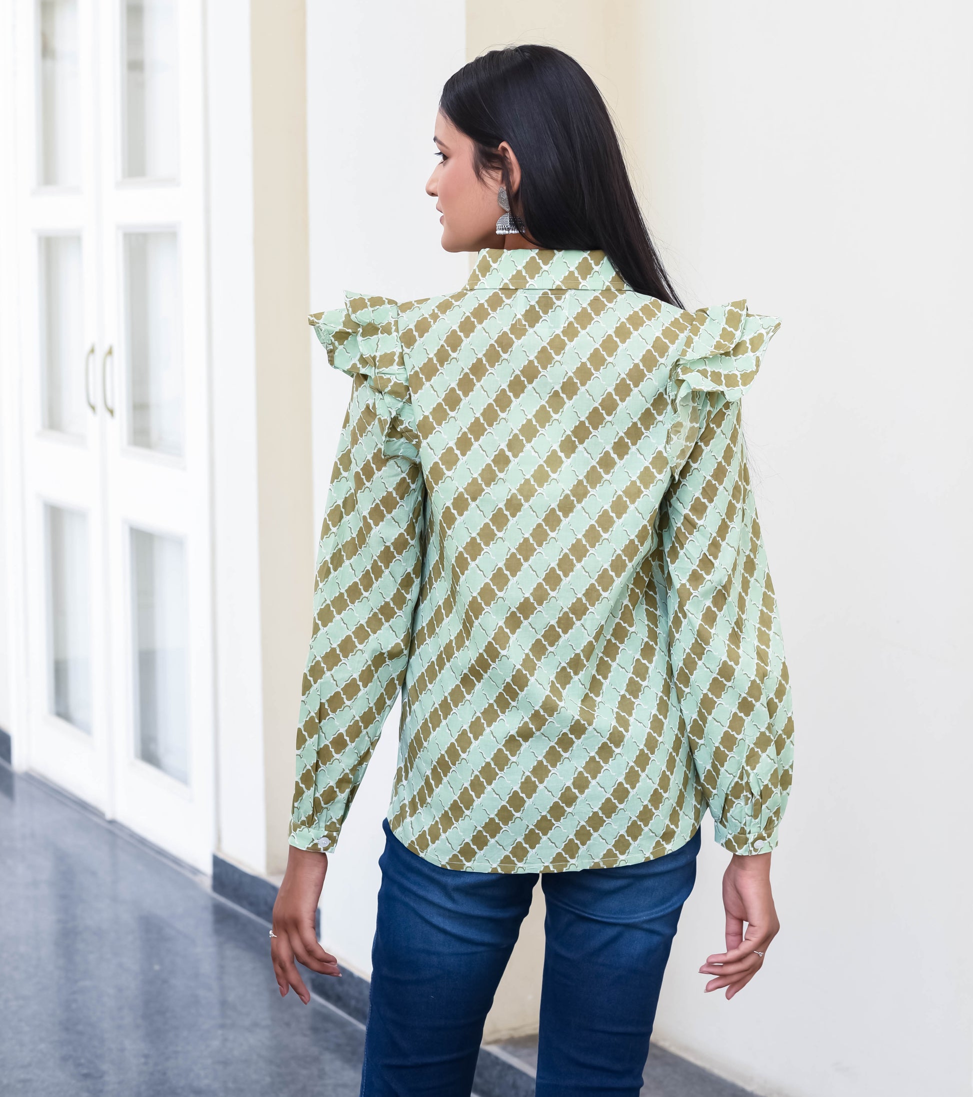 Mint Mosaic Ruffle Sleeve Shirt