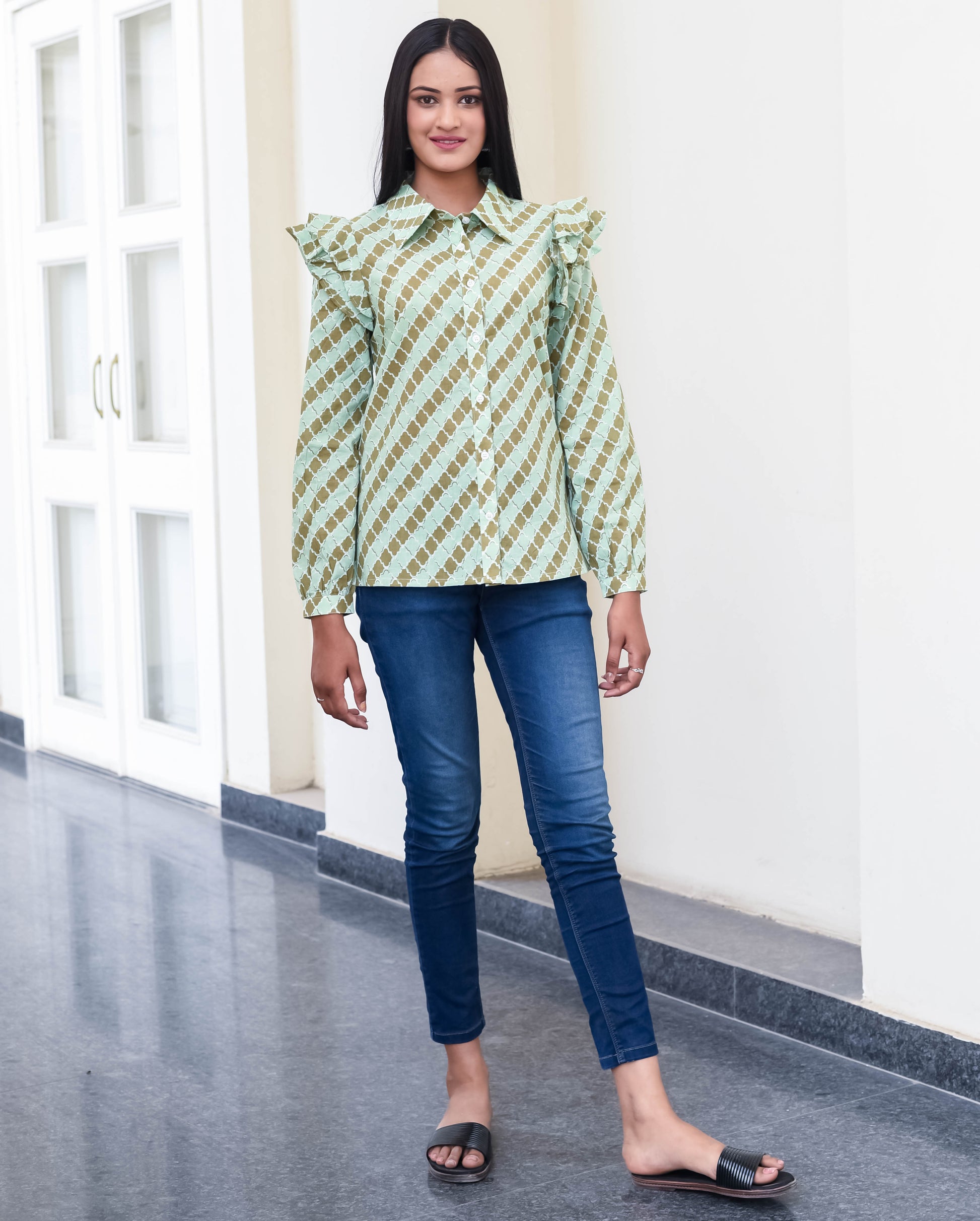 Mint Mosaic Ruffle Sleeve Shirt