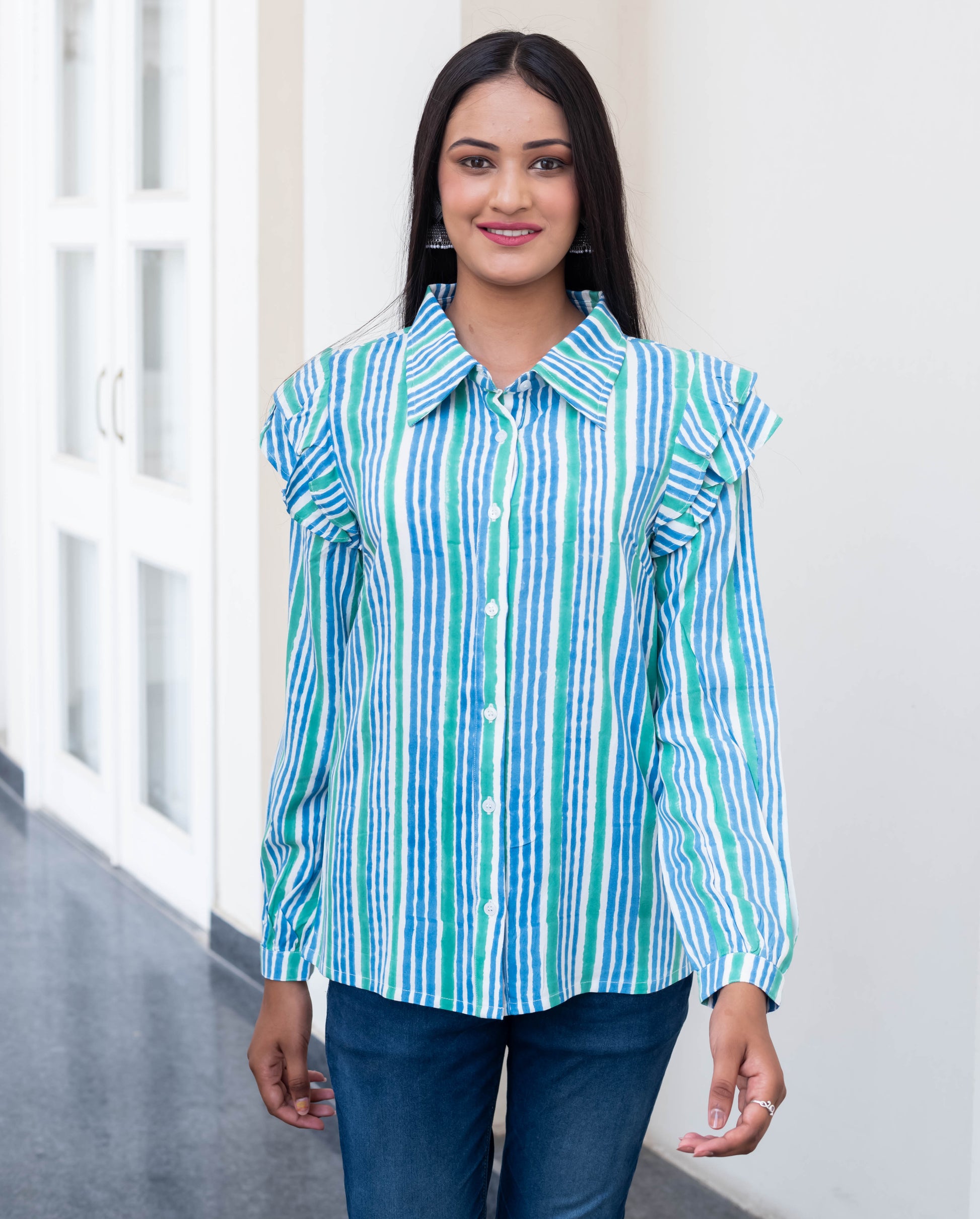 Aqua Stripe Ruffle Shoulder Shirt