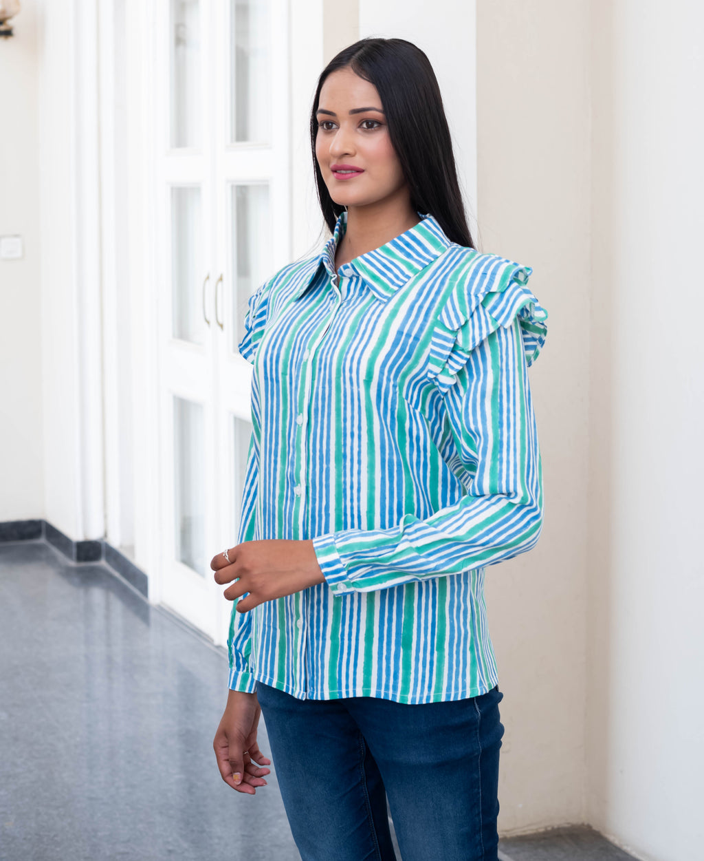 Aqua Stripe Ruffle Shoulder Shirt