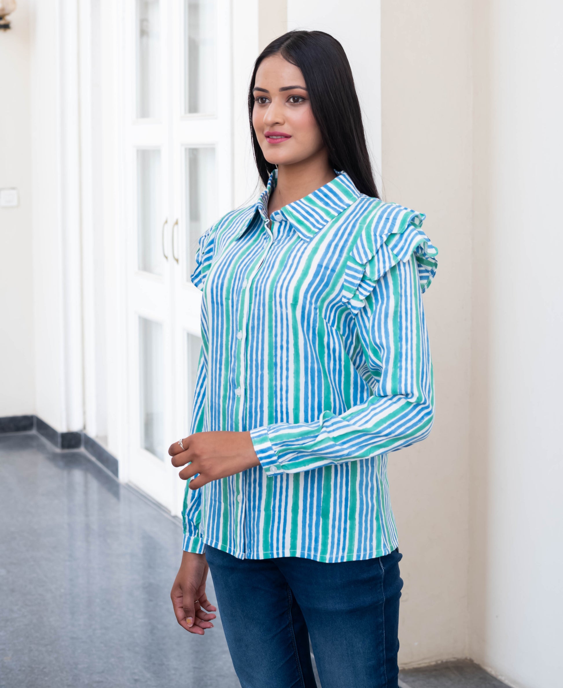 Aqua Stripe Ruffle Shoulder Shirt