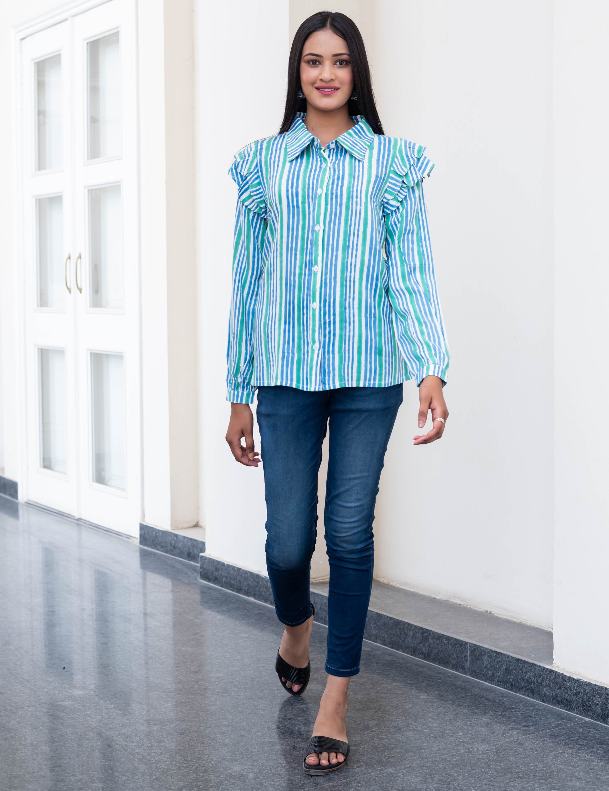 Aqua Stripe Ruffle Shoulder Shirt