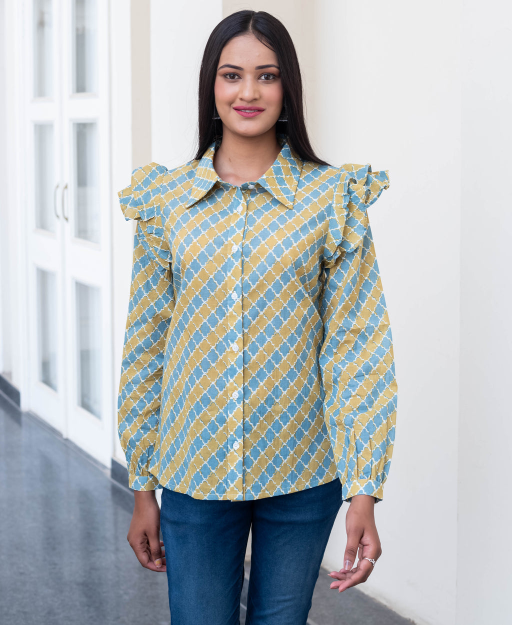 Mustard & Blue Ruffle Shoulder Geometric Shirt