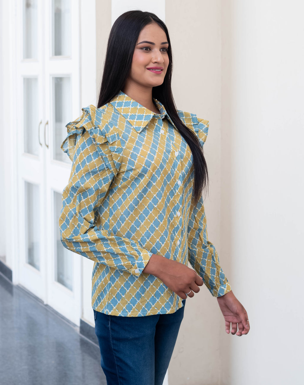Mustard & Blue Ruffle Shoulder Geometric Shirt