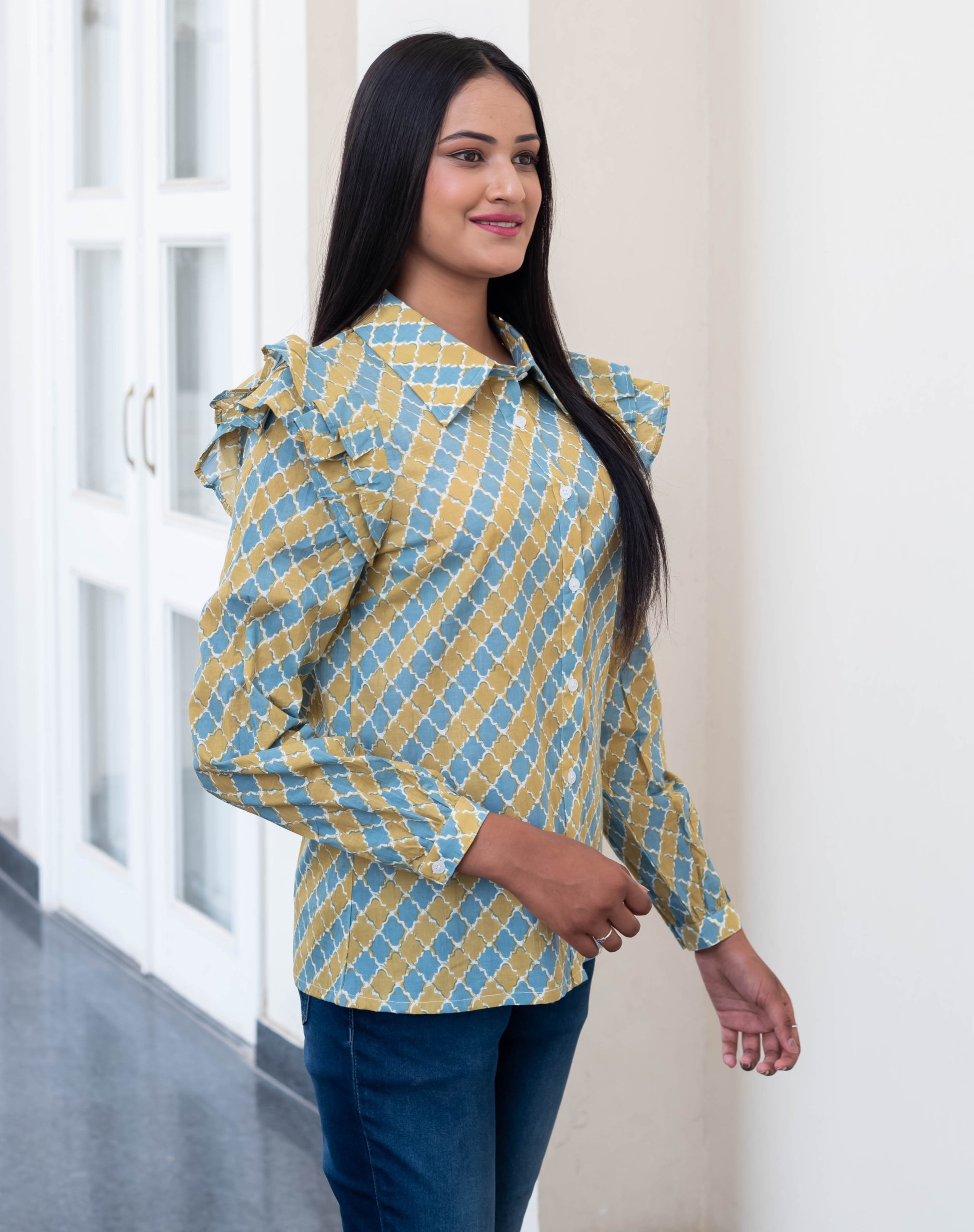 Mustard & Blue Ruffle Shoulder Geometric Shirt