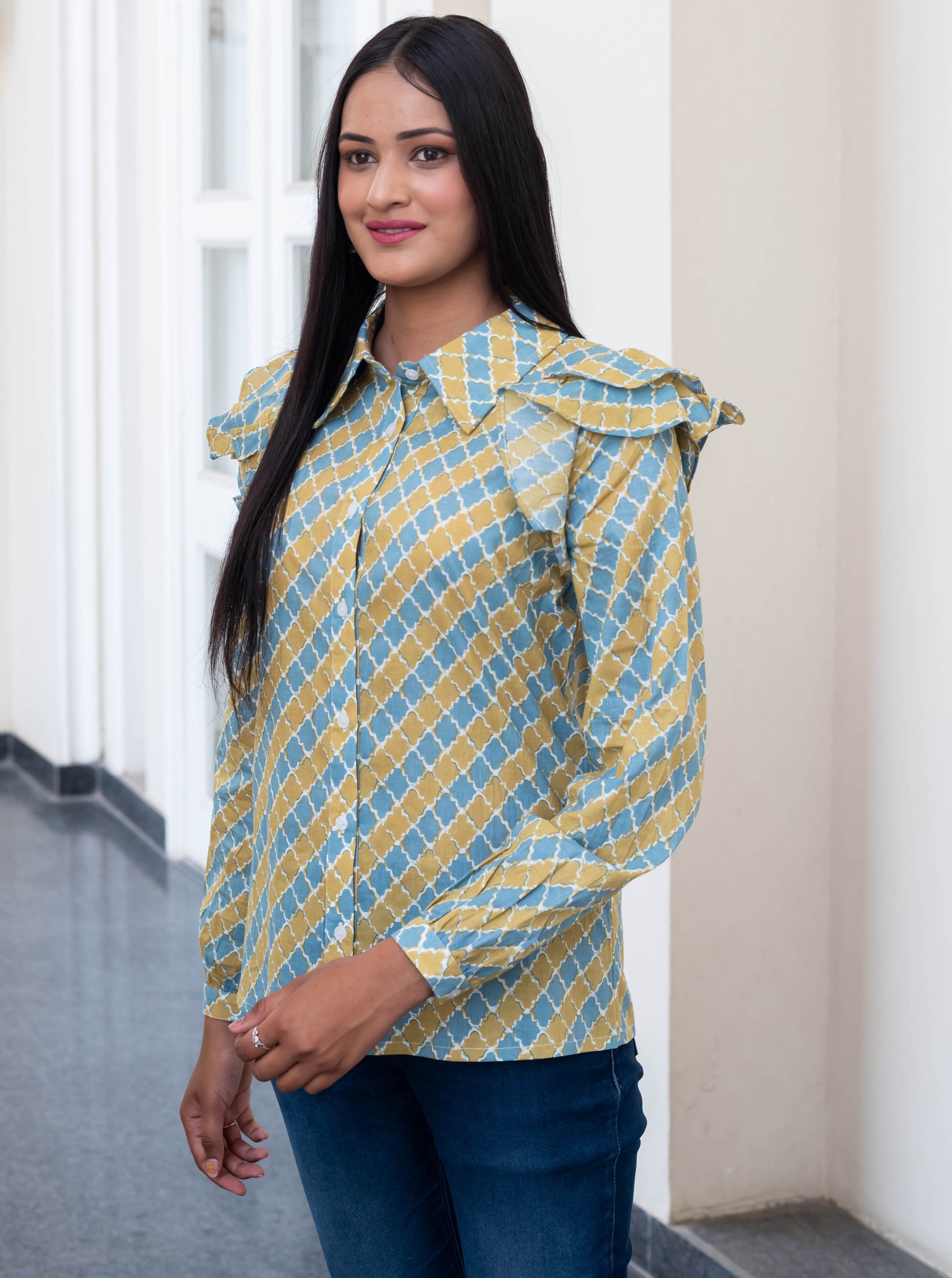 Mustard & Blue Ruffle Shoulder Geometric Shirt