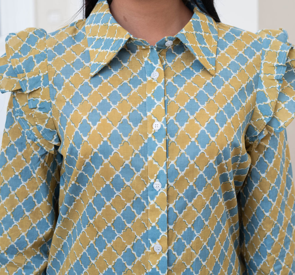 Mustard & Blue Ruffle Shoulder Geometric Shirt