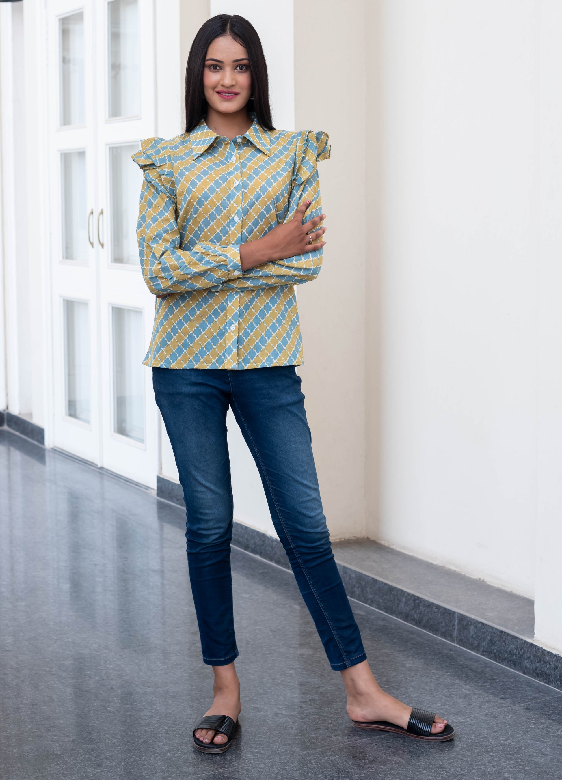 Mustard & Blue Ruffle Shoulder Geometric Shirt
