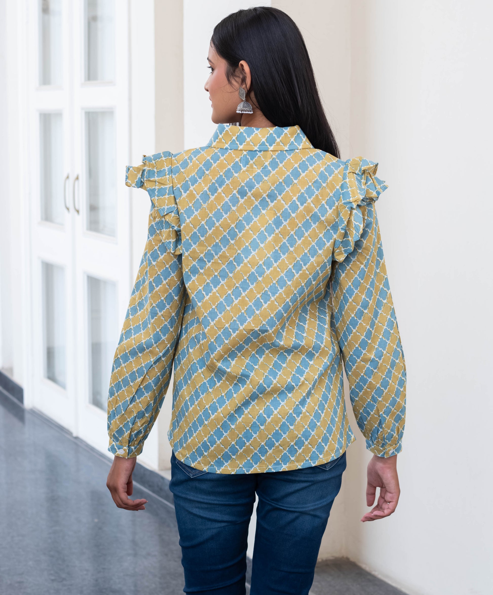 Mustard & Blue Ruffle Shoulder Geometric Shirt