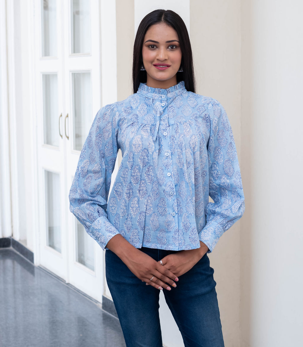 Sky Blue High-Neck Paisley Print Shirt