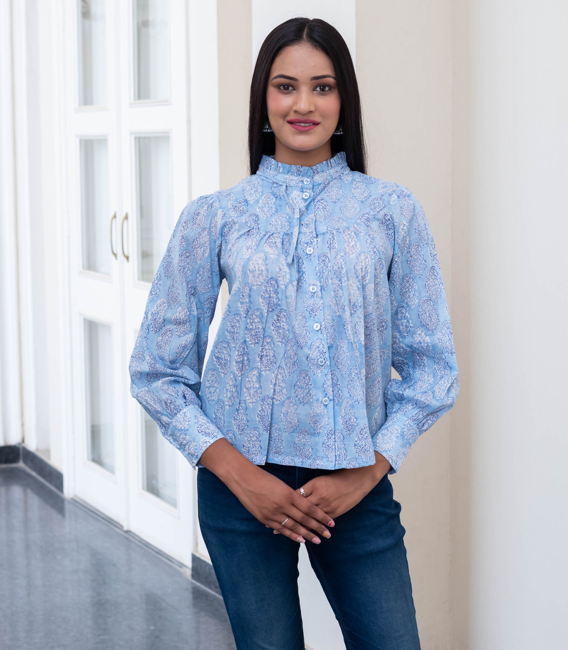 Sky Blue High-Neck Paisley Print Shirt