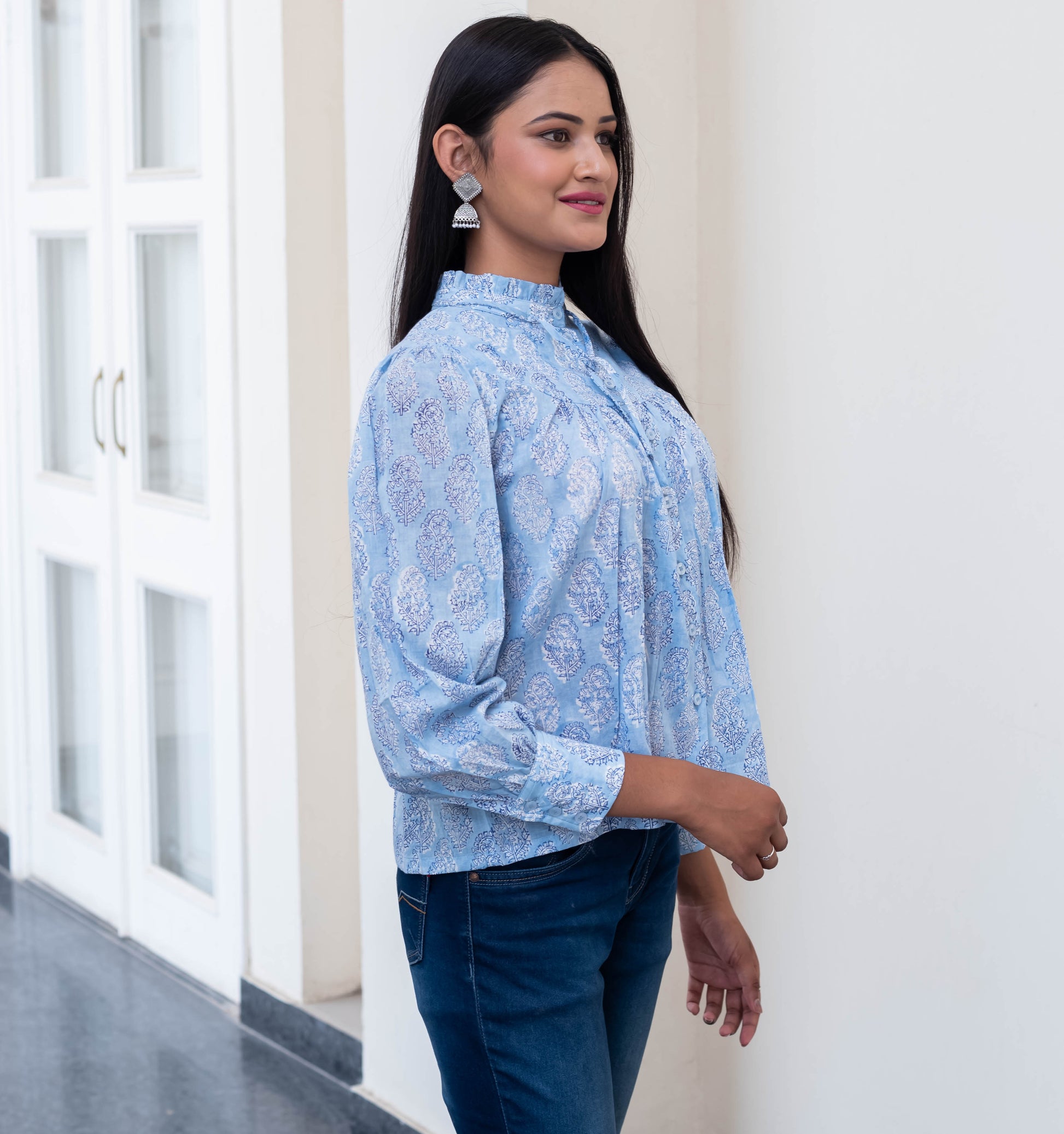 Sky Blue High-Neck Paisley Print Shirt