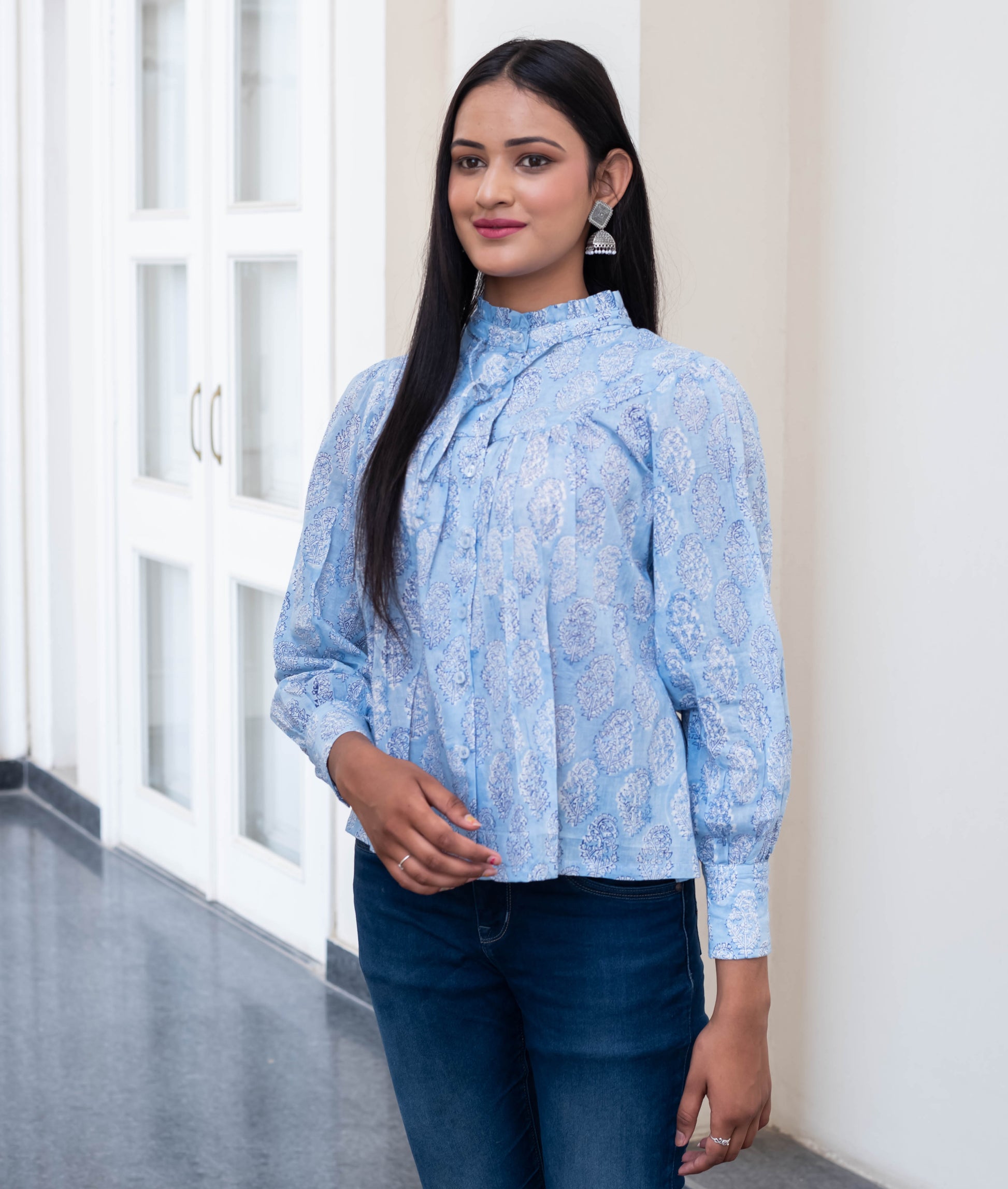 Sky Blue High-Neck Paisley Print Shirt