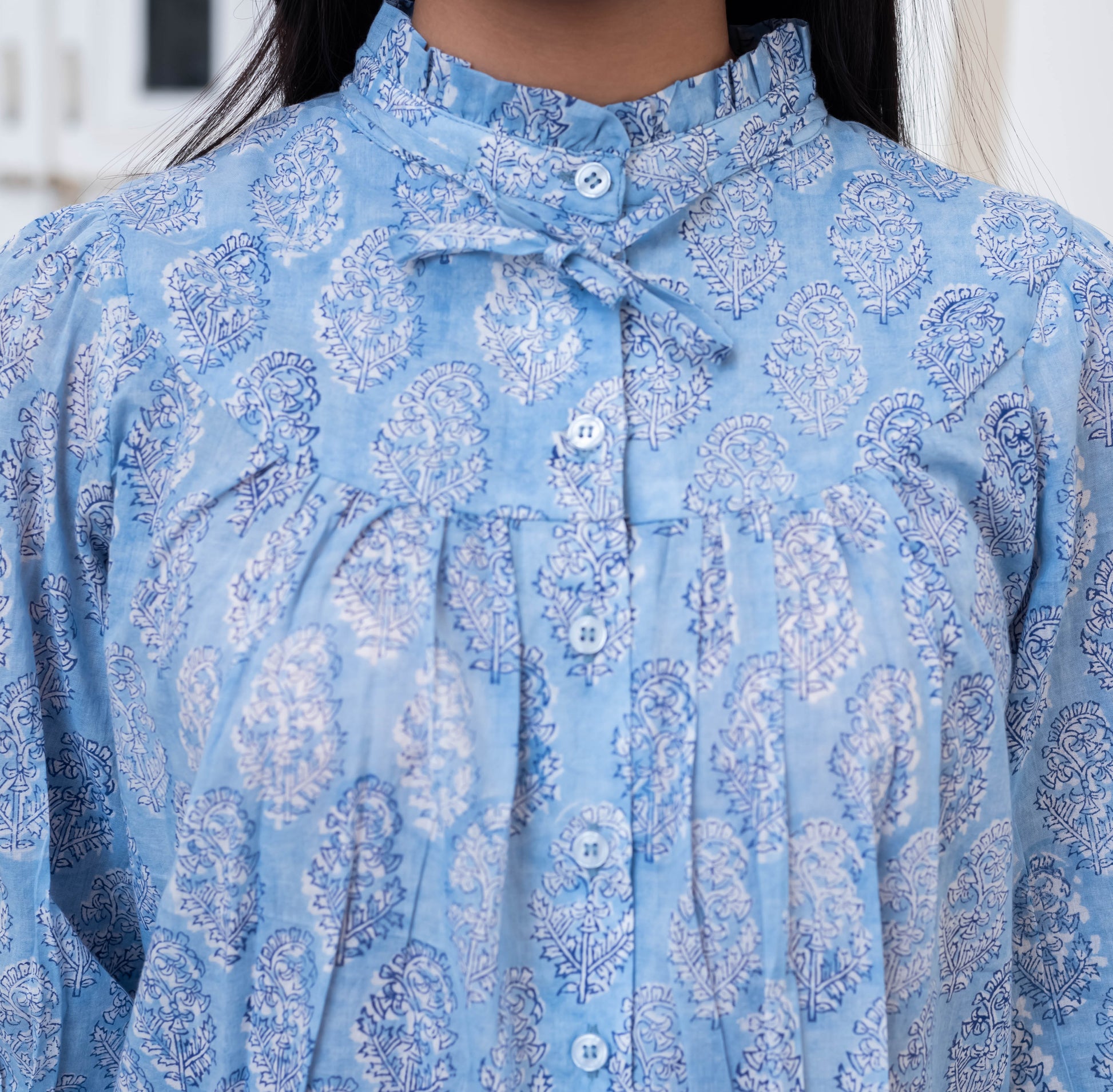 Sky Blue High-Neck Paisley Print Shirt