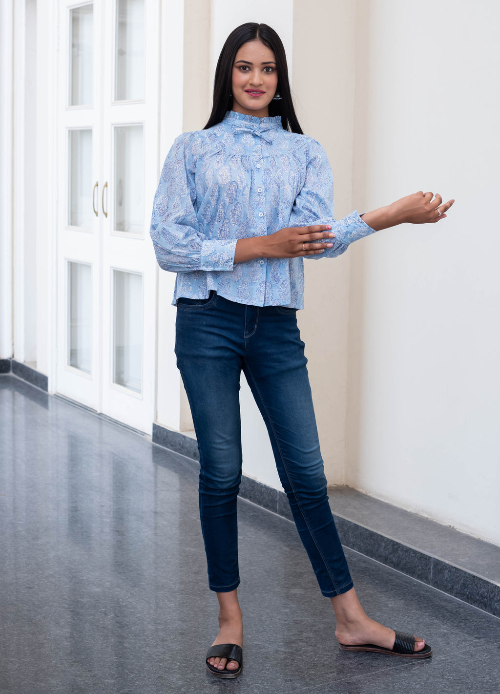 Sky Blue High-Neck Paisley Print Shirt
