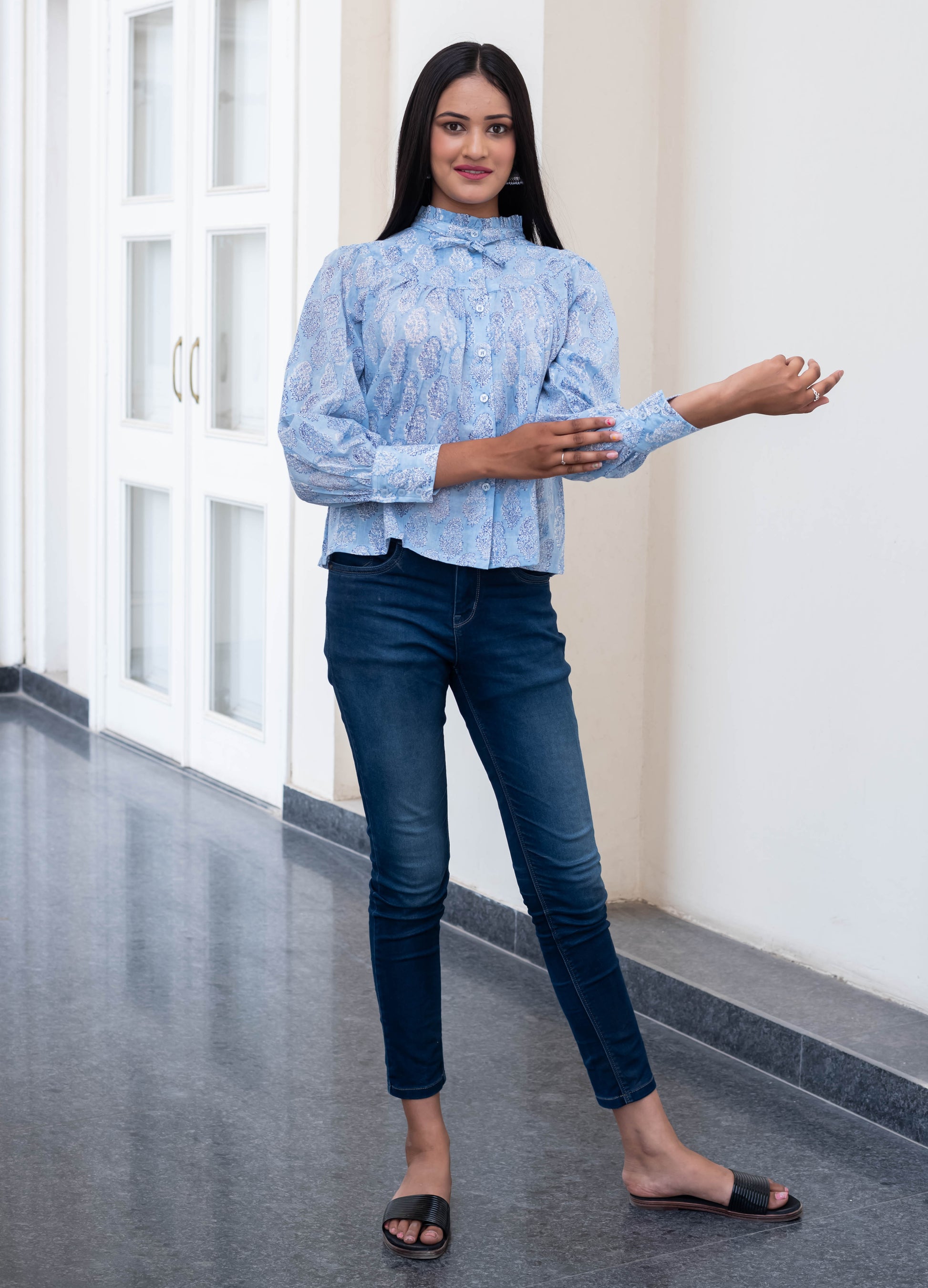 Sky Blue High-Neck Paisley Print Shirt