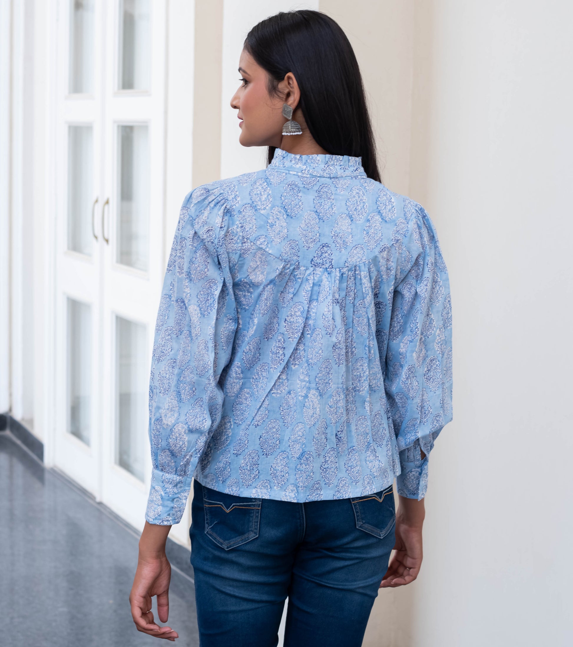 Sky Blue High-Neck Paisley Print Shirt