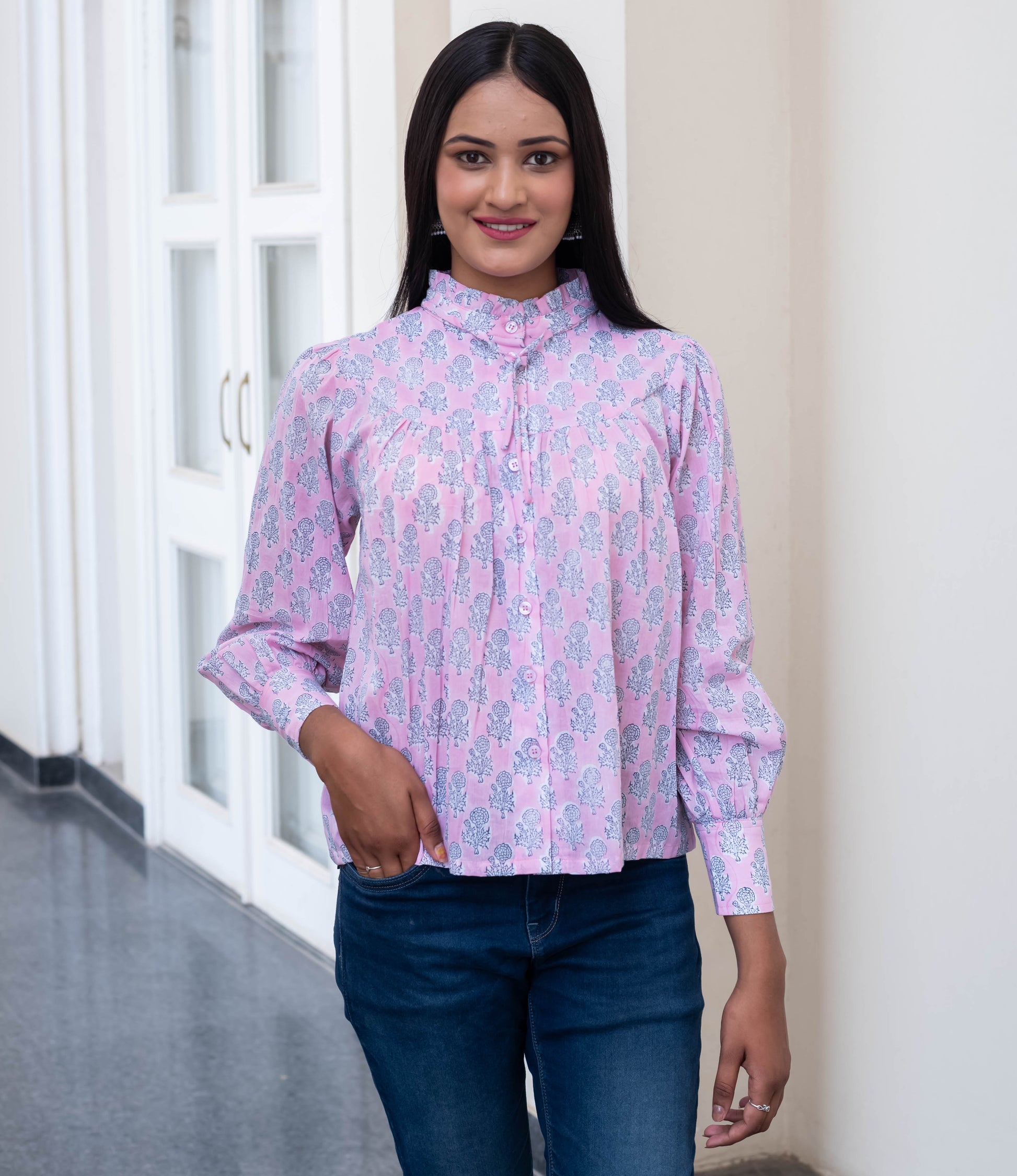 Blush Pink Floral Buti High-Neck Shirt
