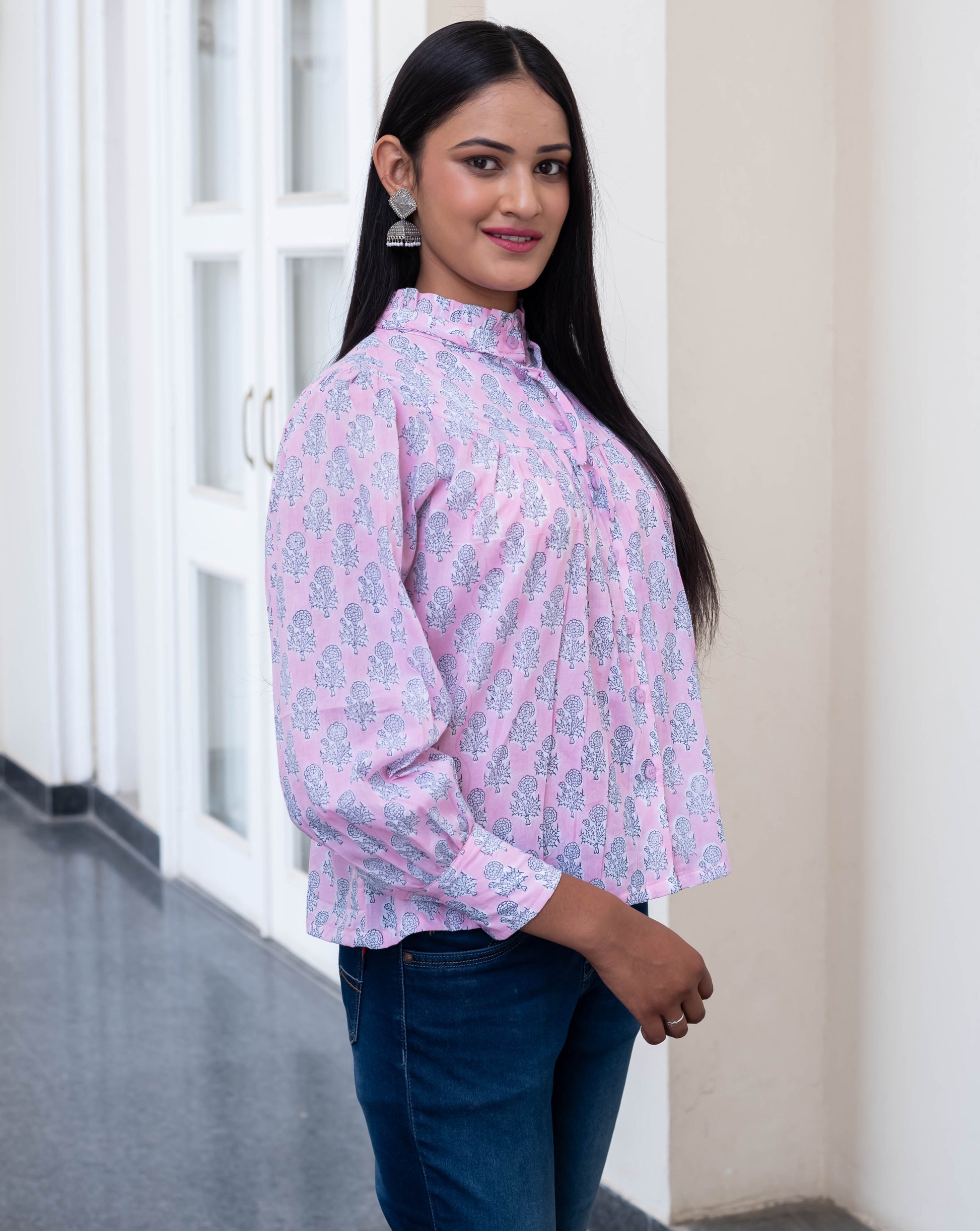 Blush Pink Floral Buti High-Neck Shirt