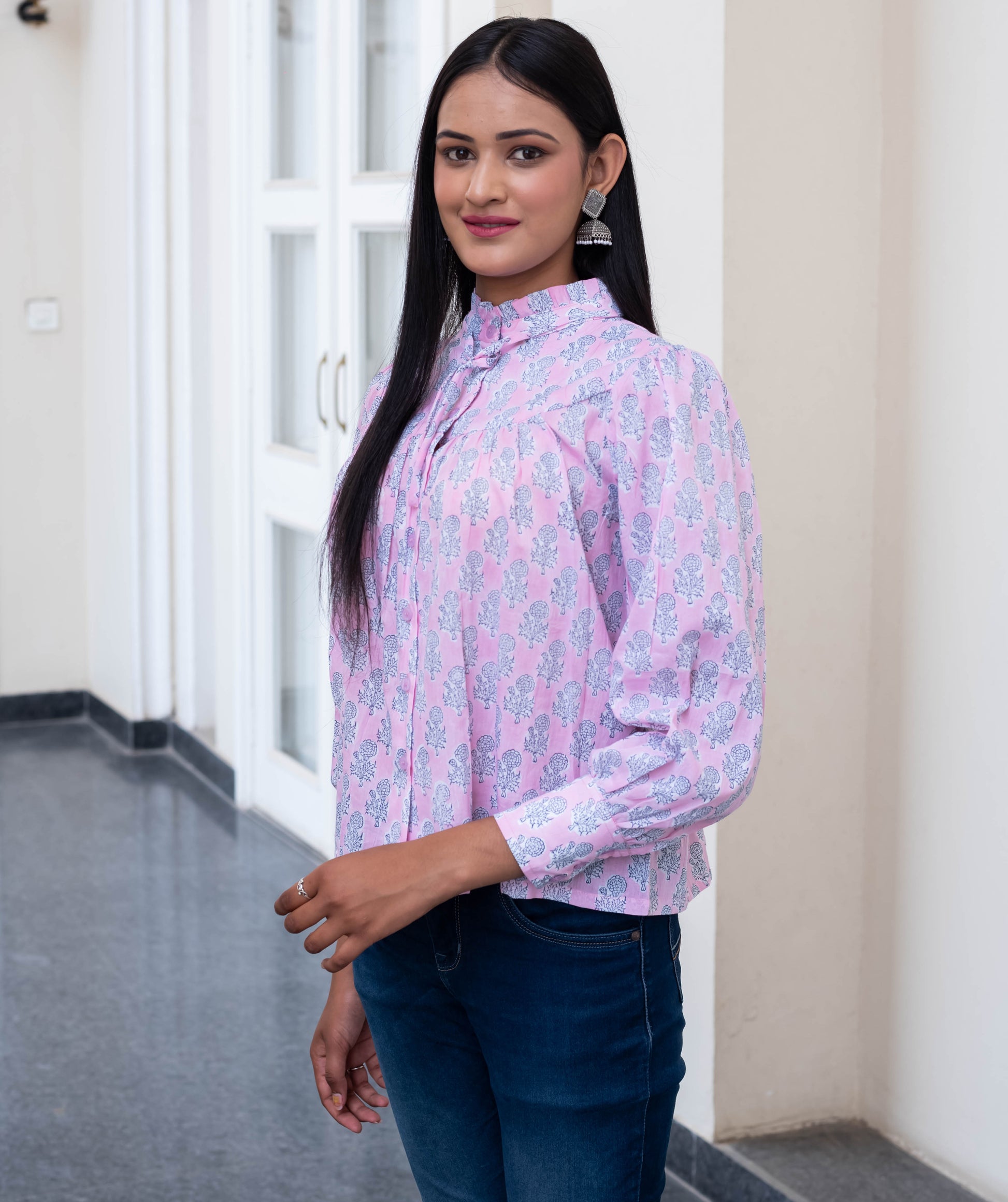 Blush Pink Floral Buti High-Neck Shirt