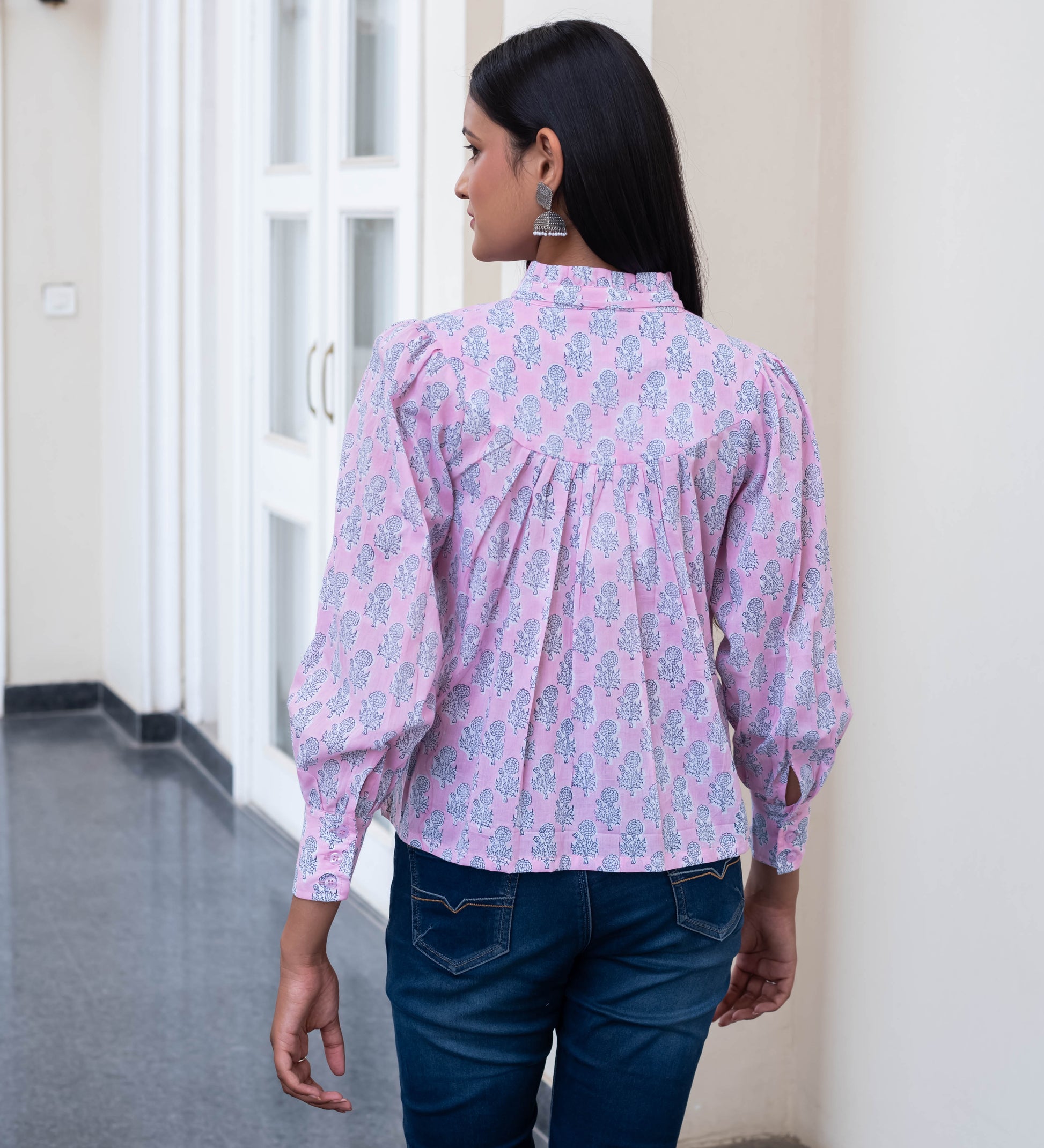 Blush Pink Floral Buti High-Neck Shirt