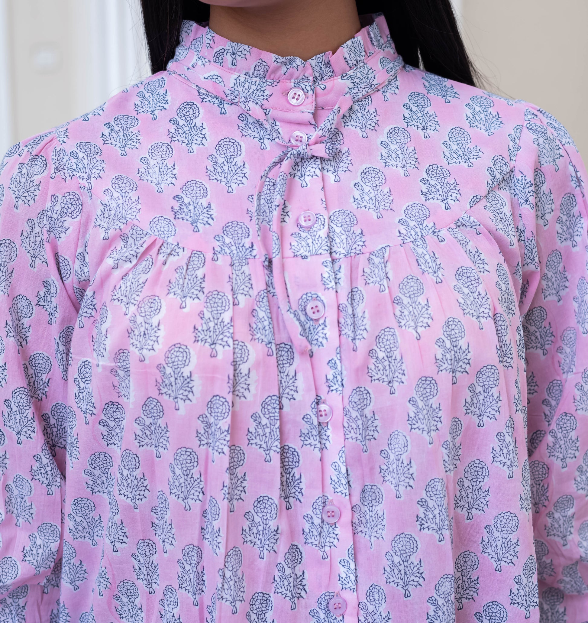 Blush Pink Floral Buti High-Neck Shirt
