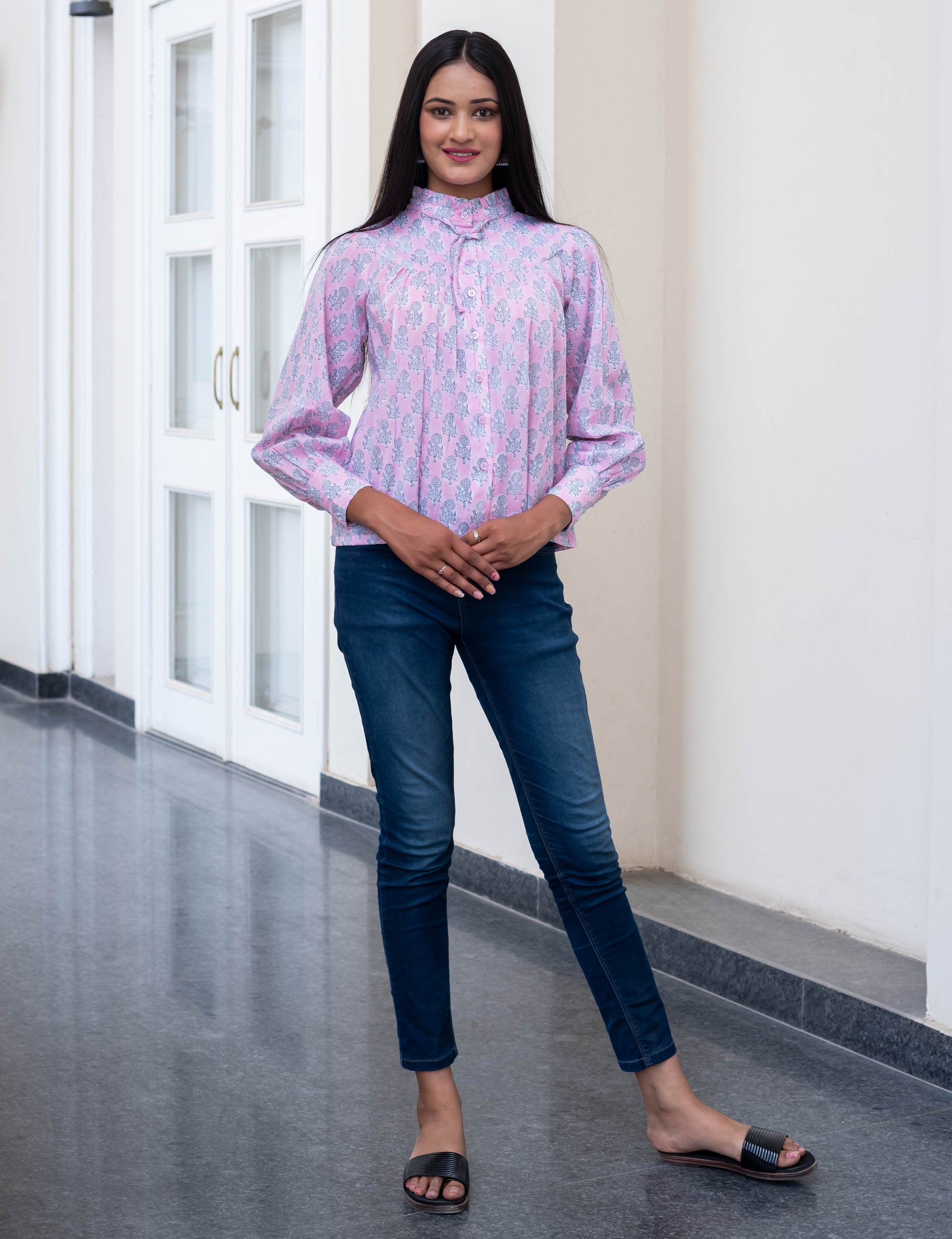 Blush Pink Floral Buti High-Neck Shirt