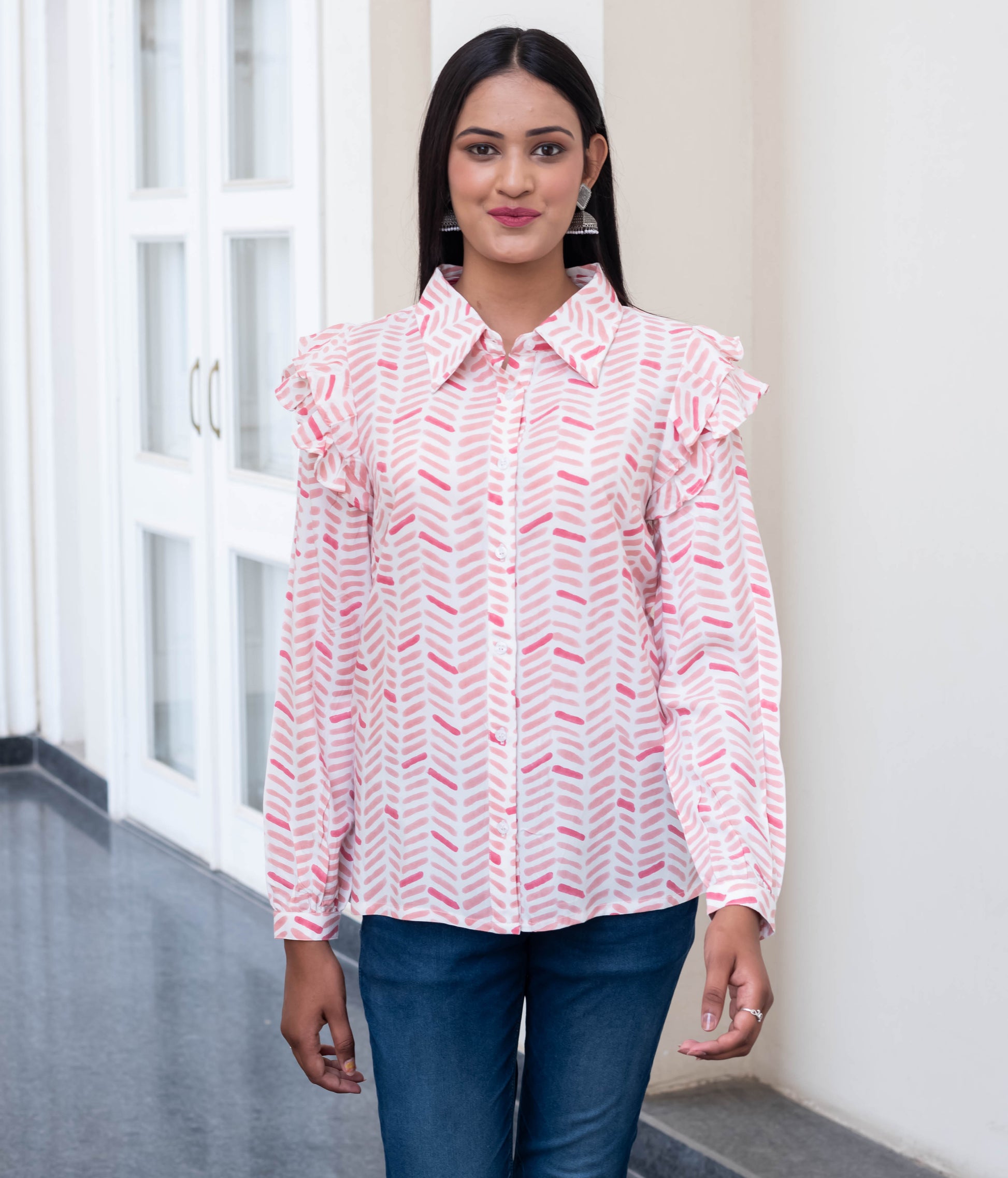 Rose Herringbone Ruffle Sleeve Shirt