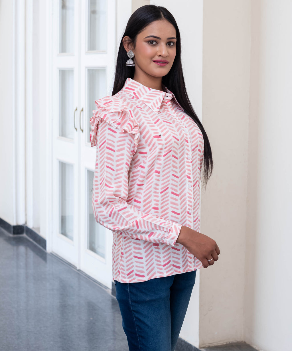 Rose Herringbone Ruffle Sleeve Shirt