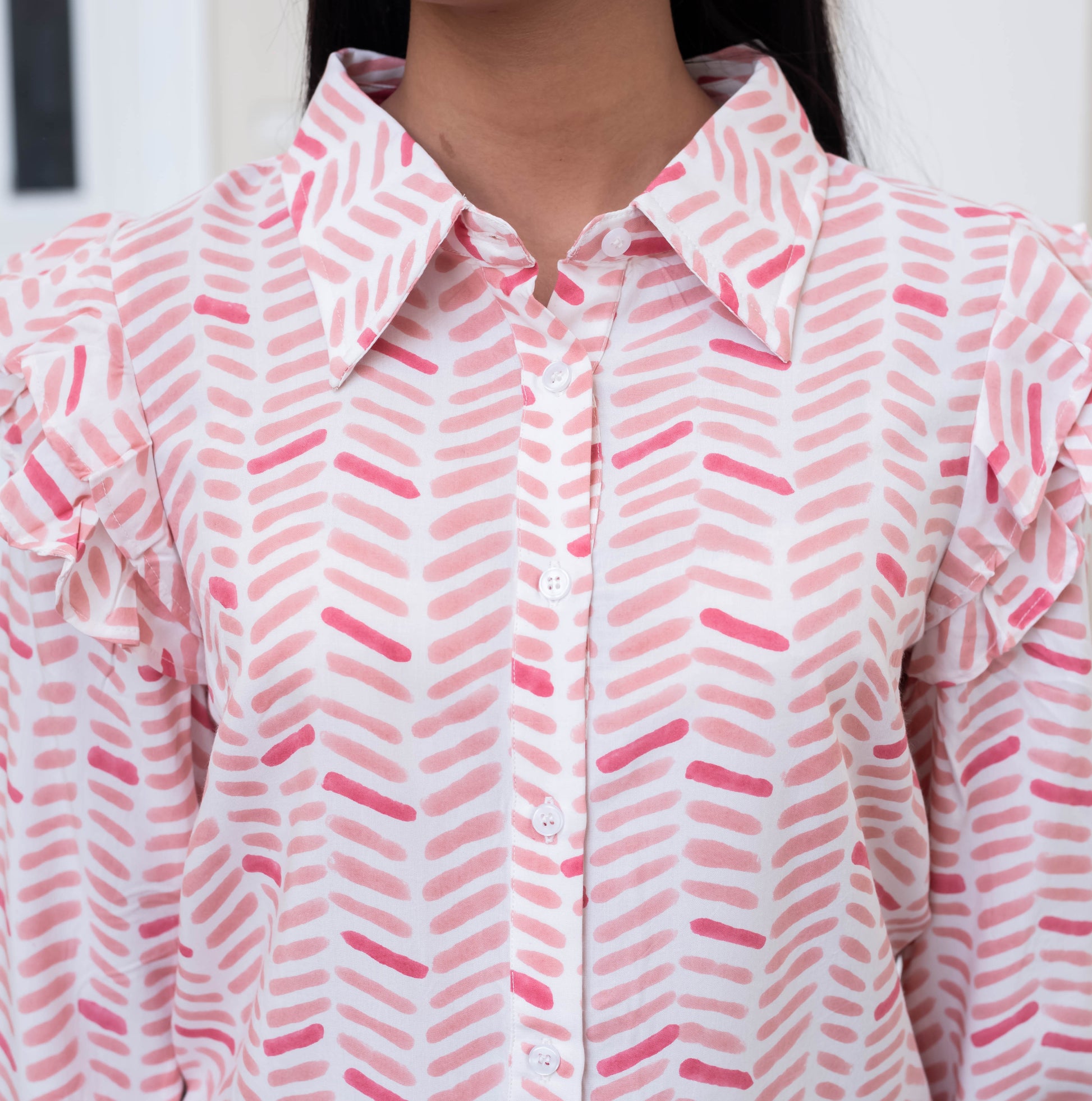 Rose Herringbone Ruffle Sleeve Shirt